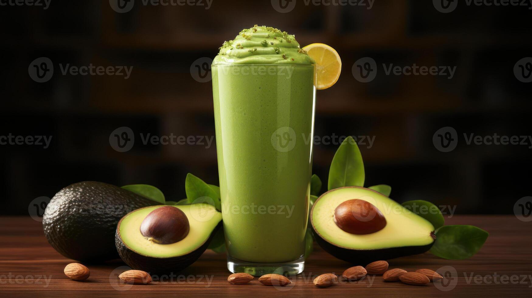 Refreshing avocado smoothie with almonds and lemon slice. photo