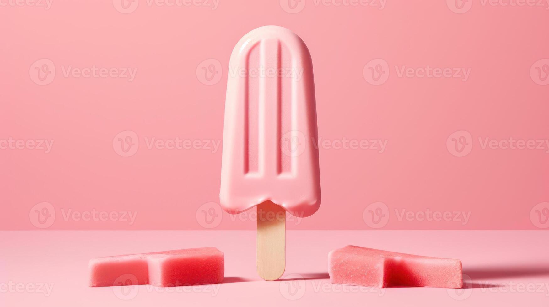 A pink popsicle with a wooden stick on a pink background. photo