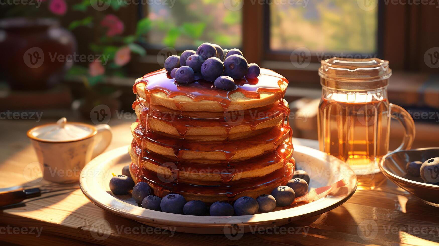 Stack of blueberry pancakes with honey, a delicious breakfast. photo