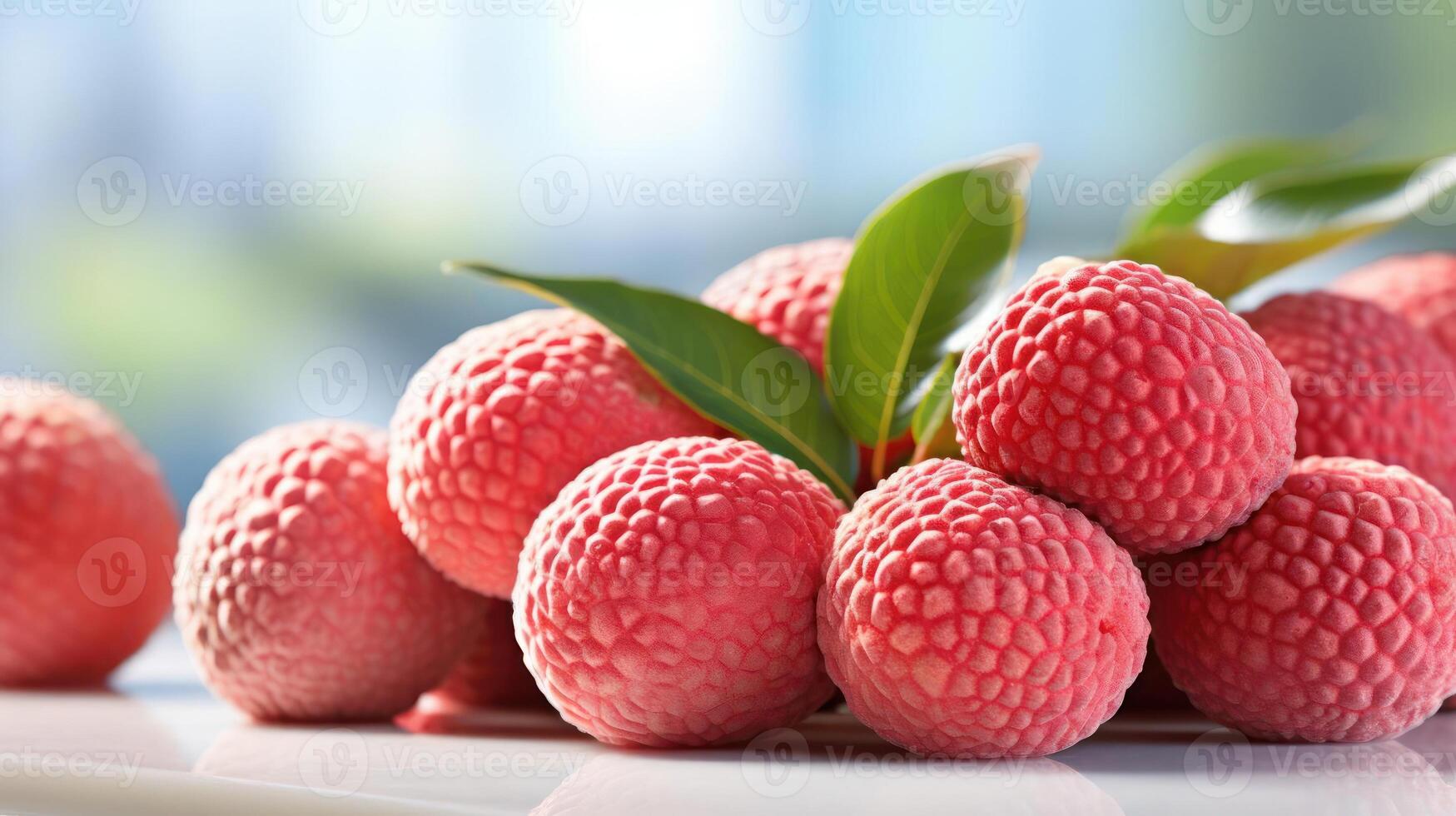 Fresh lychee fruit with green leaves, close-up view. photo