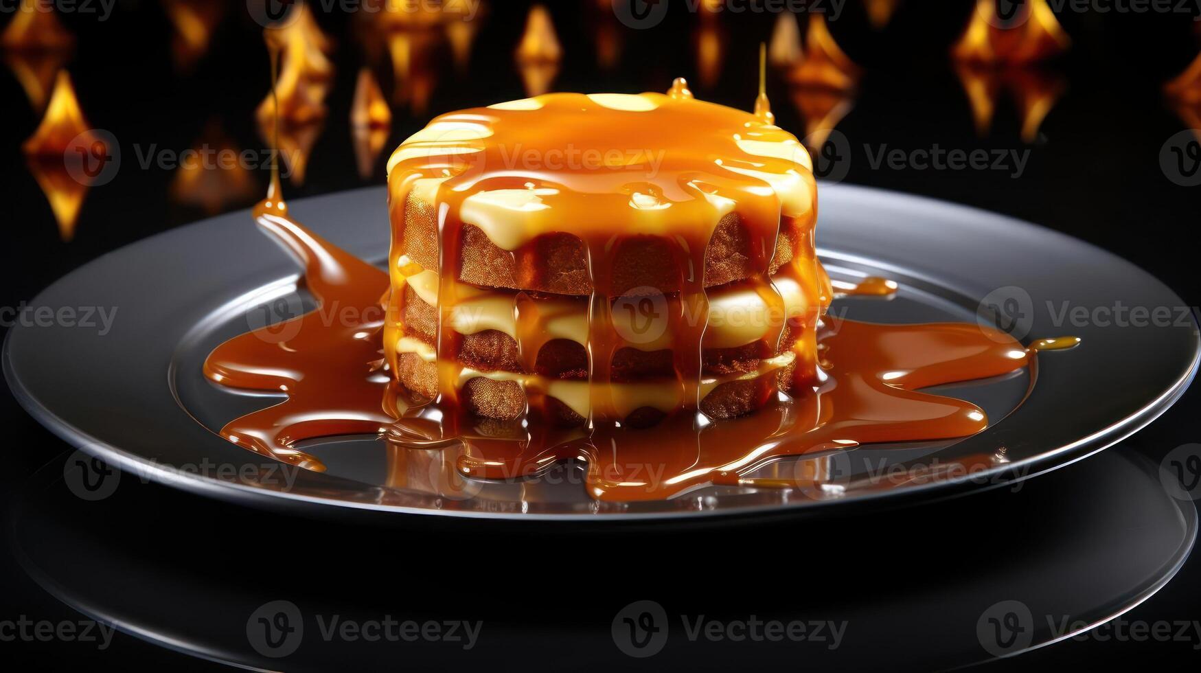 Decadent caramel cake with dripping glaze on a black plate. photo