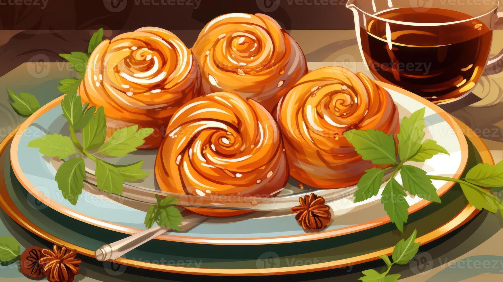 Delicious layered pastries on a plate with spices and syrup. photo