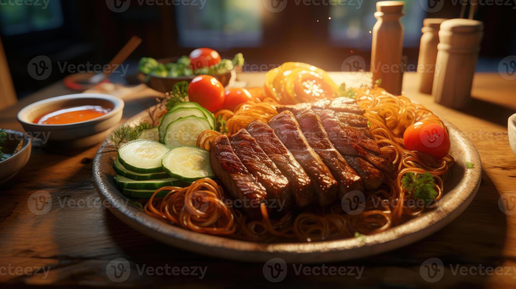 Delicious steak and pasta dish with fresh vegetables. photo