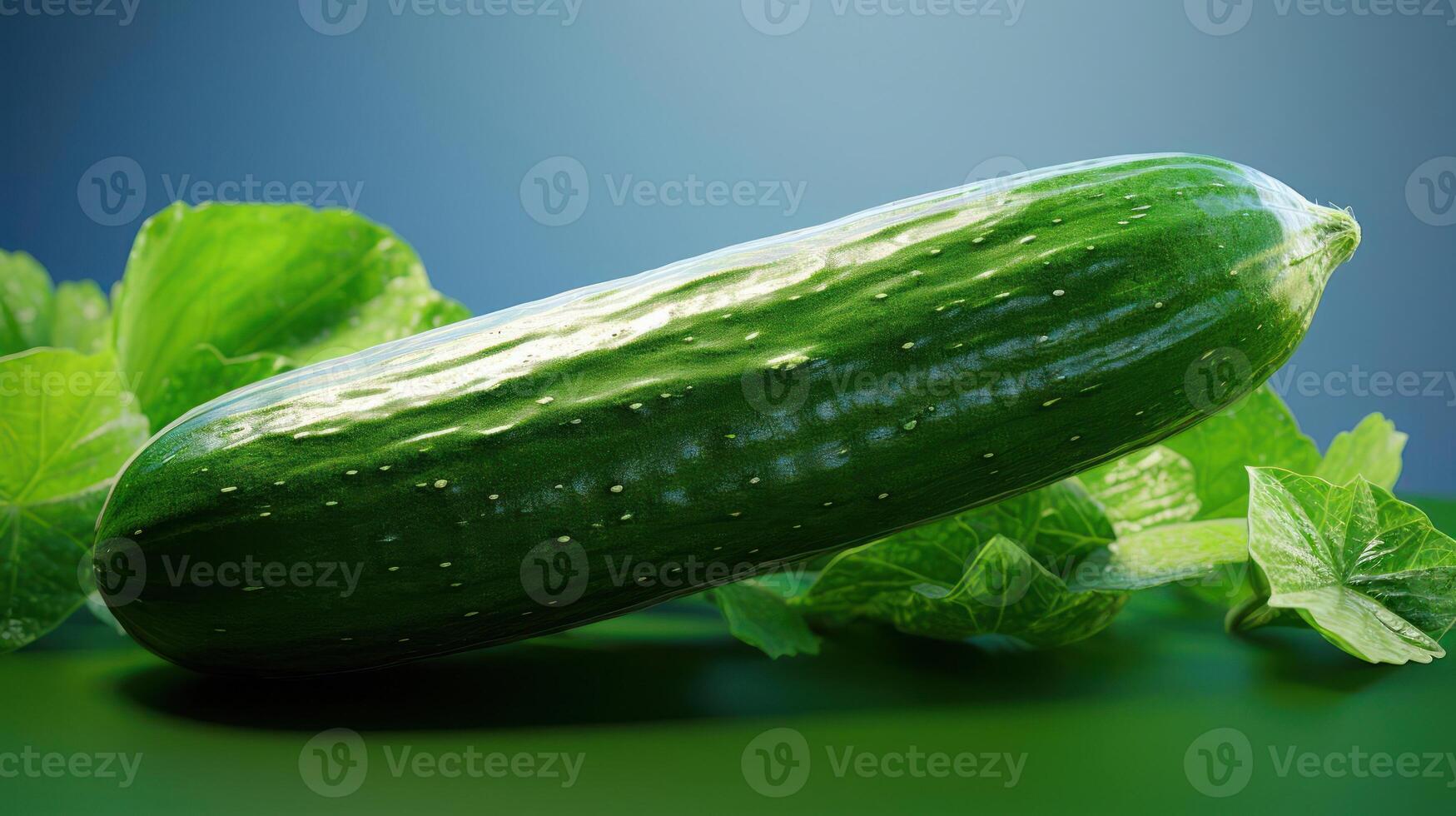 Fresh cucumber with vibrant green leaves, close-up shot. photo