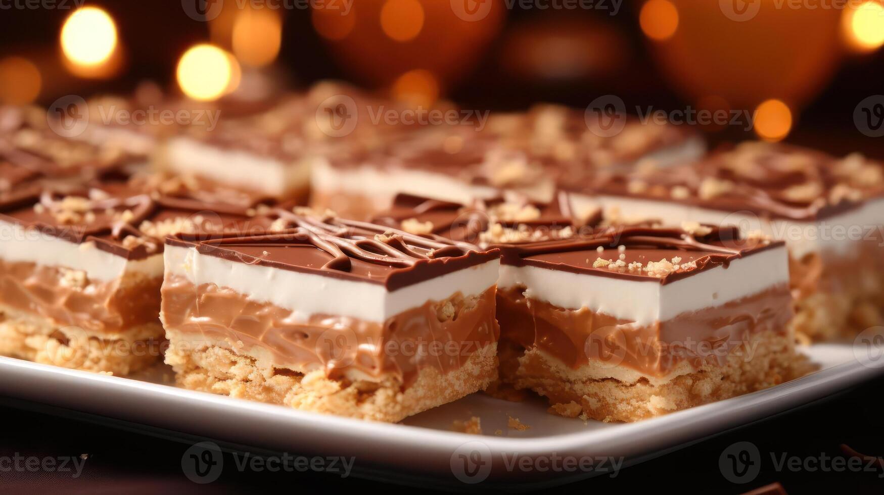 Delicious layered chocolate dessert squares on a tray. photo