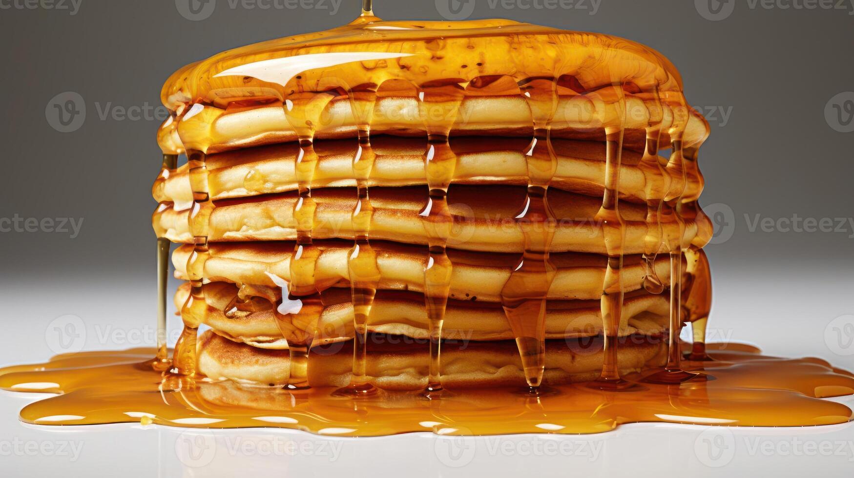 Stack of pancakes with dripping honey. photo