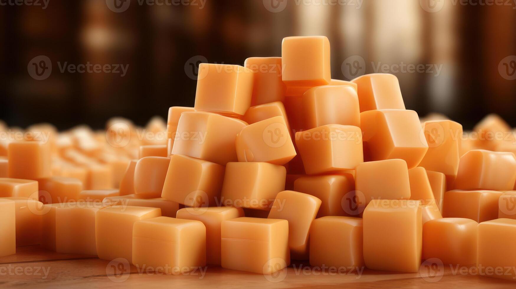 Pile of caramel cubes, sweet treat, delicious dessert. photo
