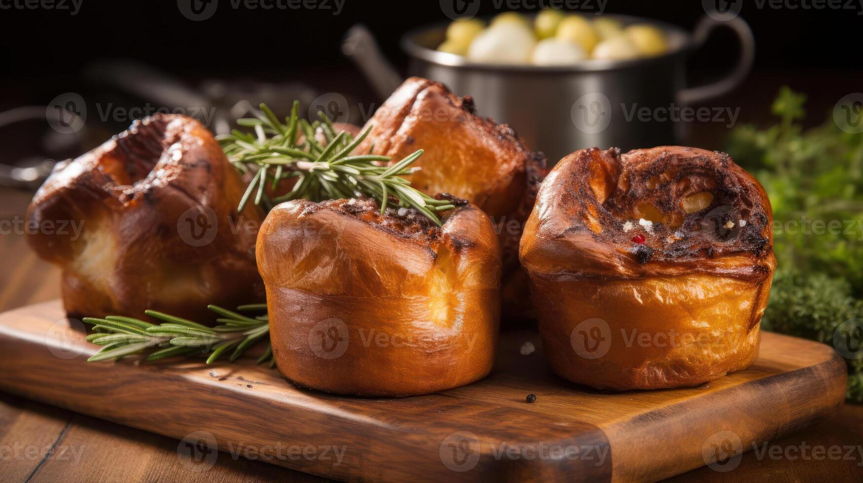 Roasted pork knuckles on a wooden board with rosemary. photo