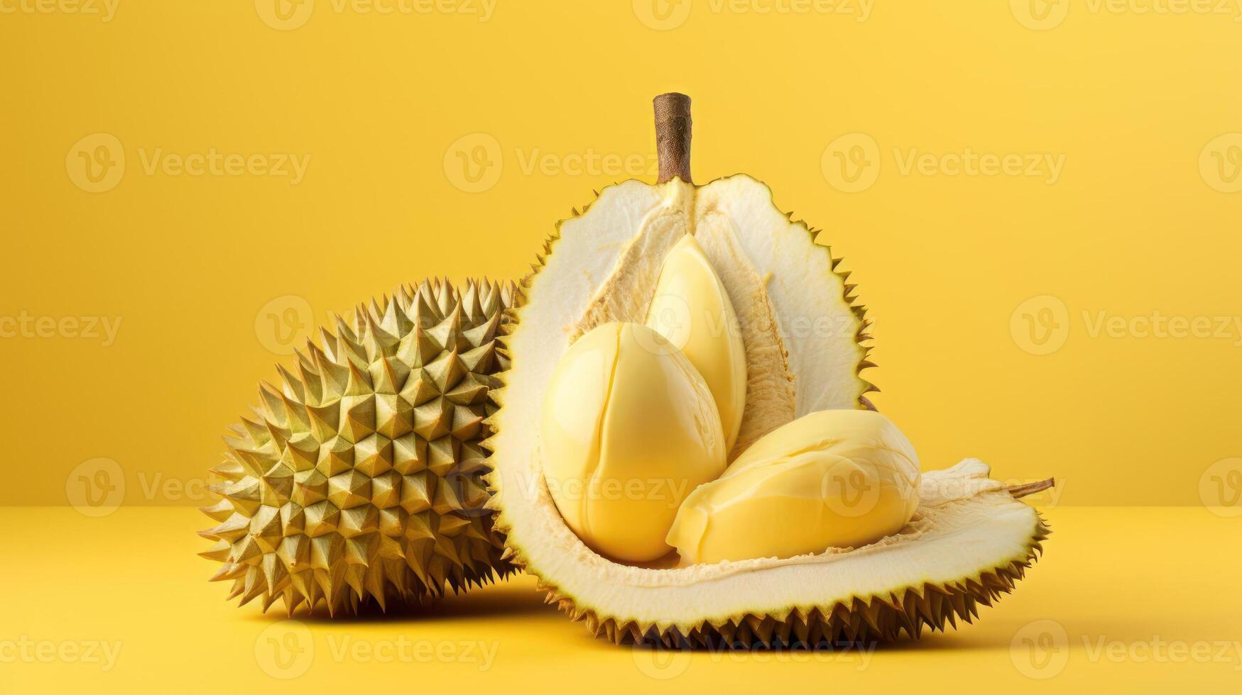 Close-up of a ripe durian fruit, halved and displayed. photo