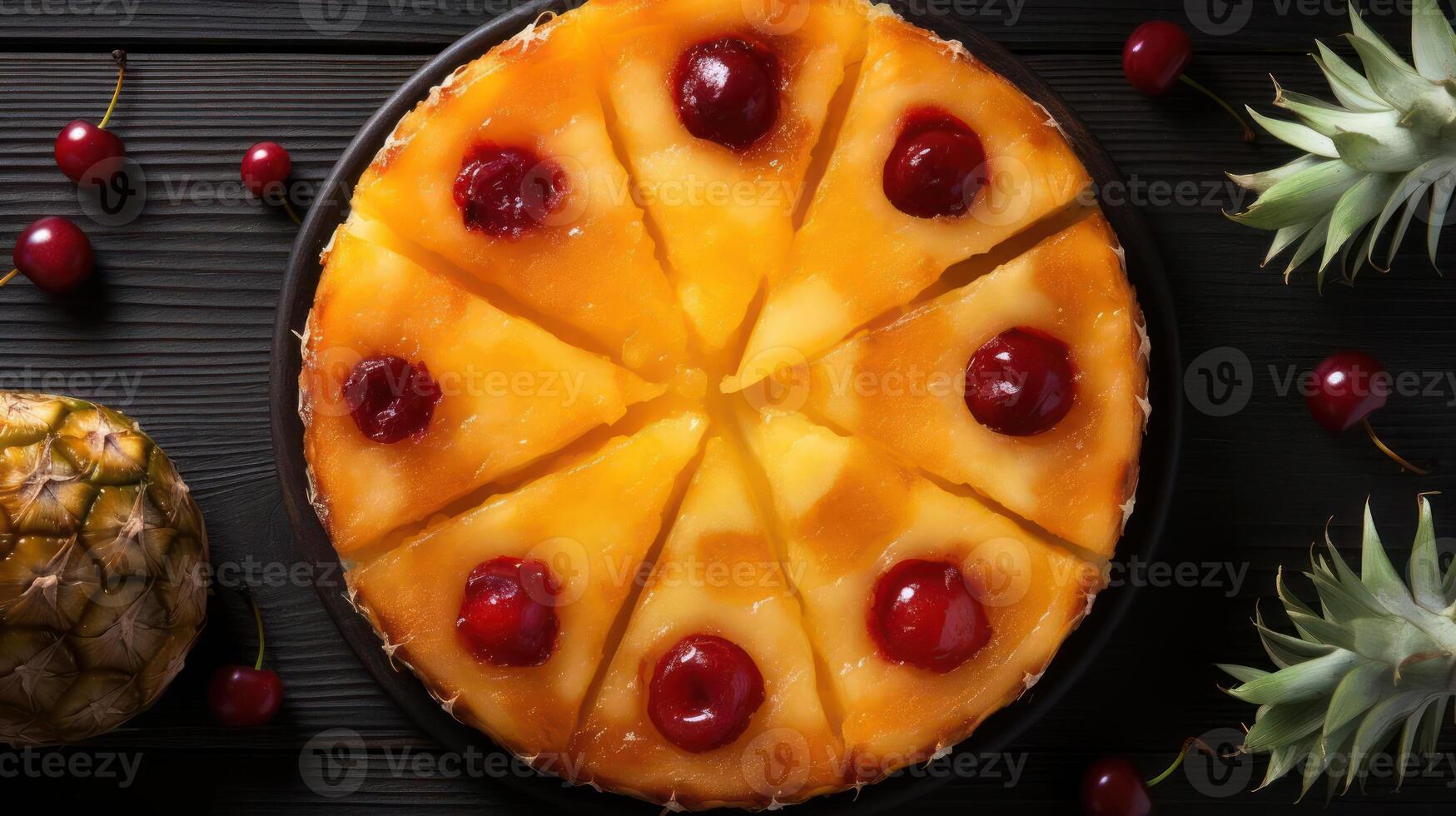 Delicious pineapple cake with cherries, top-down view. photo