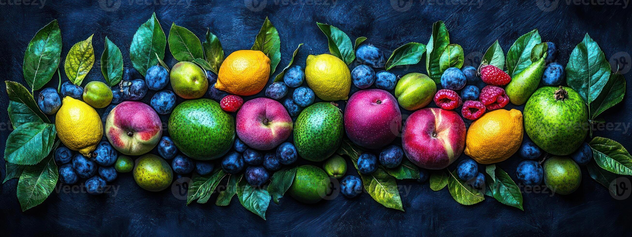 Colorful fruit arrangement with blueberries, peaches, pears, and raspberries. photo