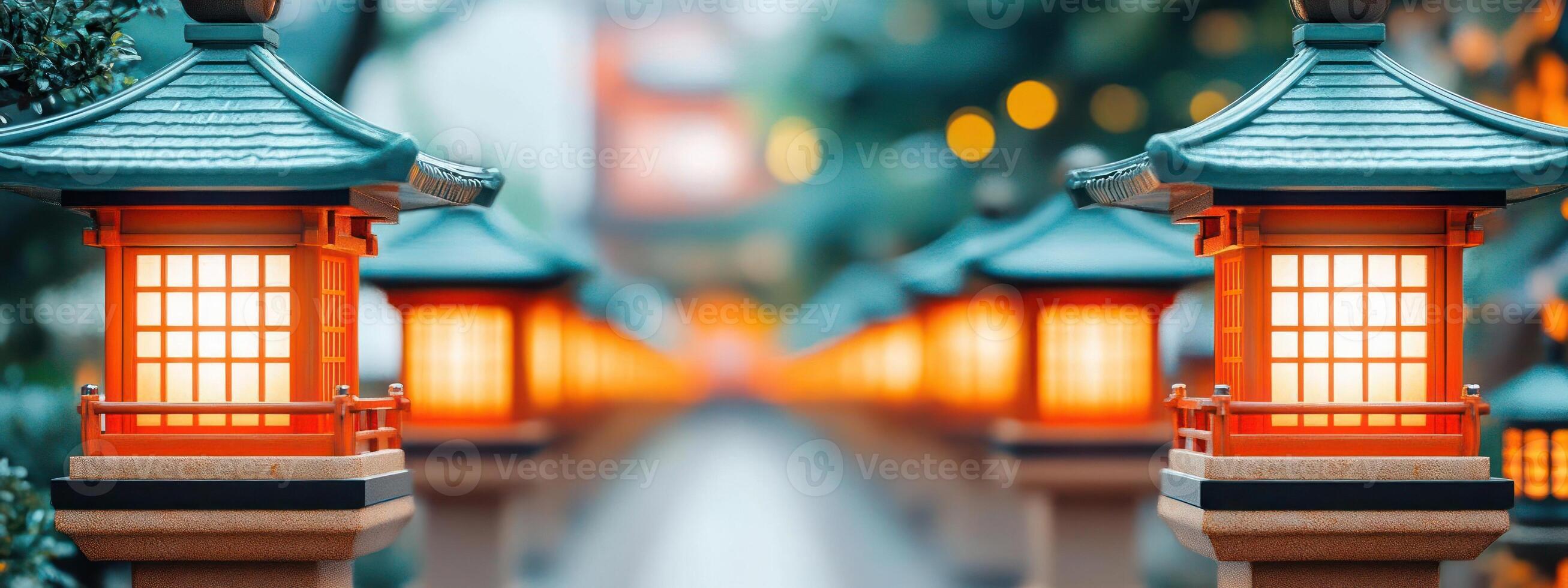 Tranquil Japanese lanterns reflecting in water, serene and beautiful. photo