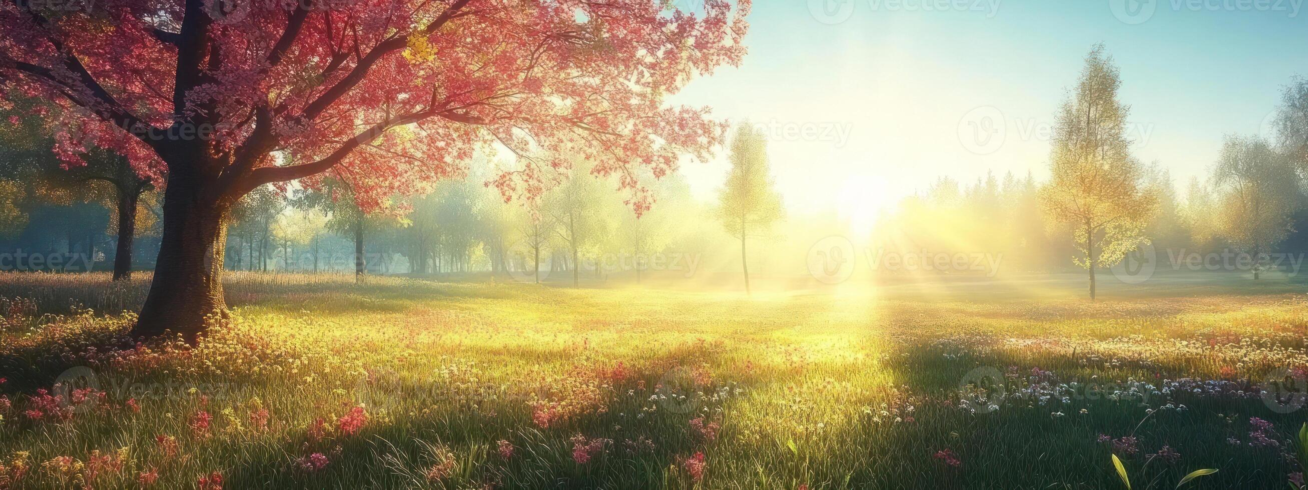Golden sunlight through a vibrant autumn forest. photo