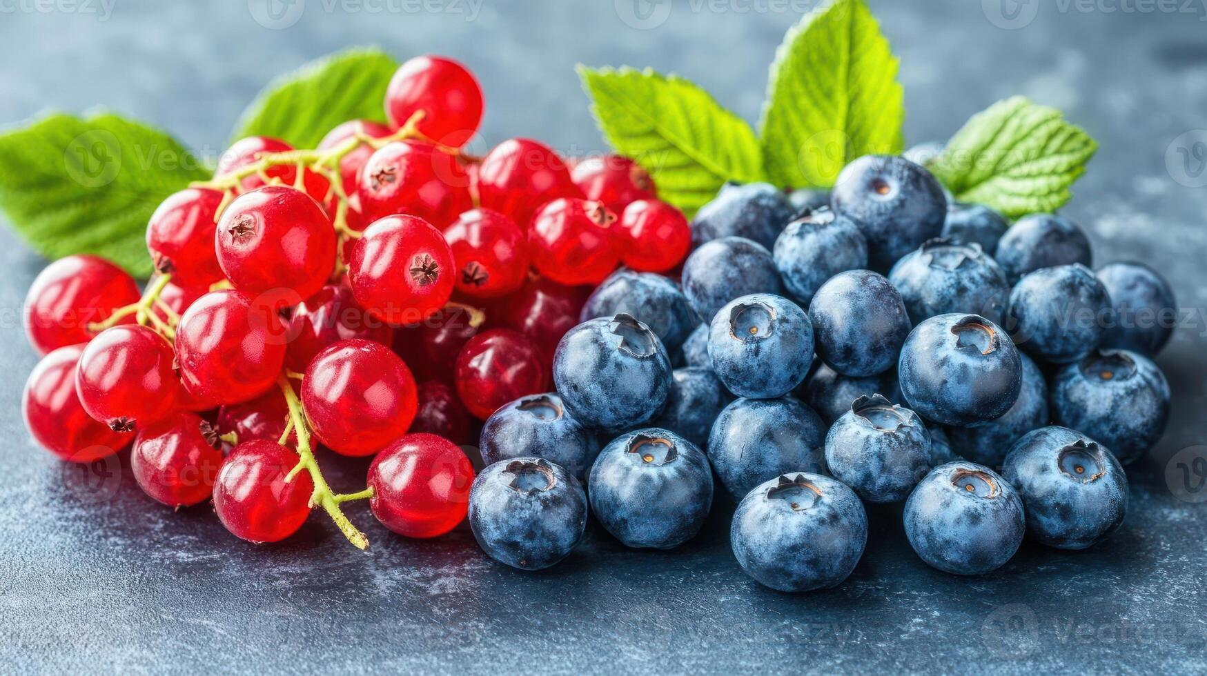 Fresh redcurrant and blueberries on a dark surface. photo