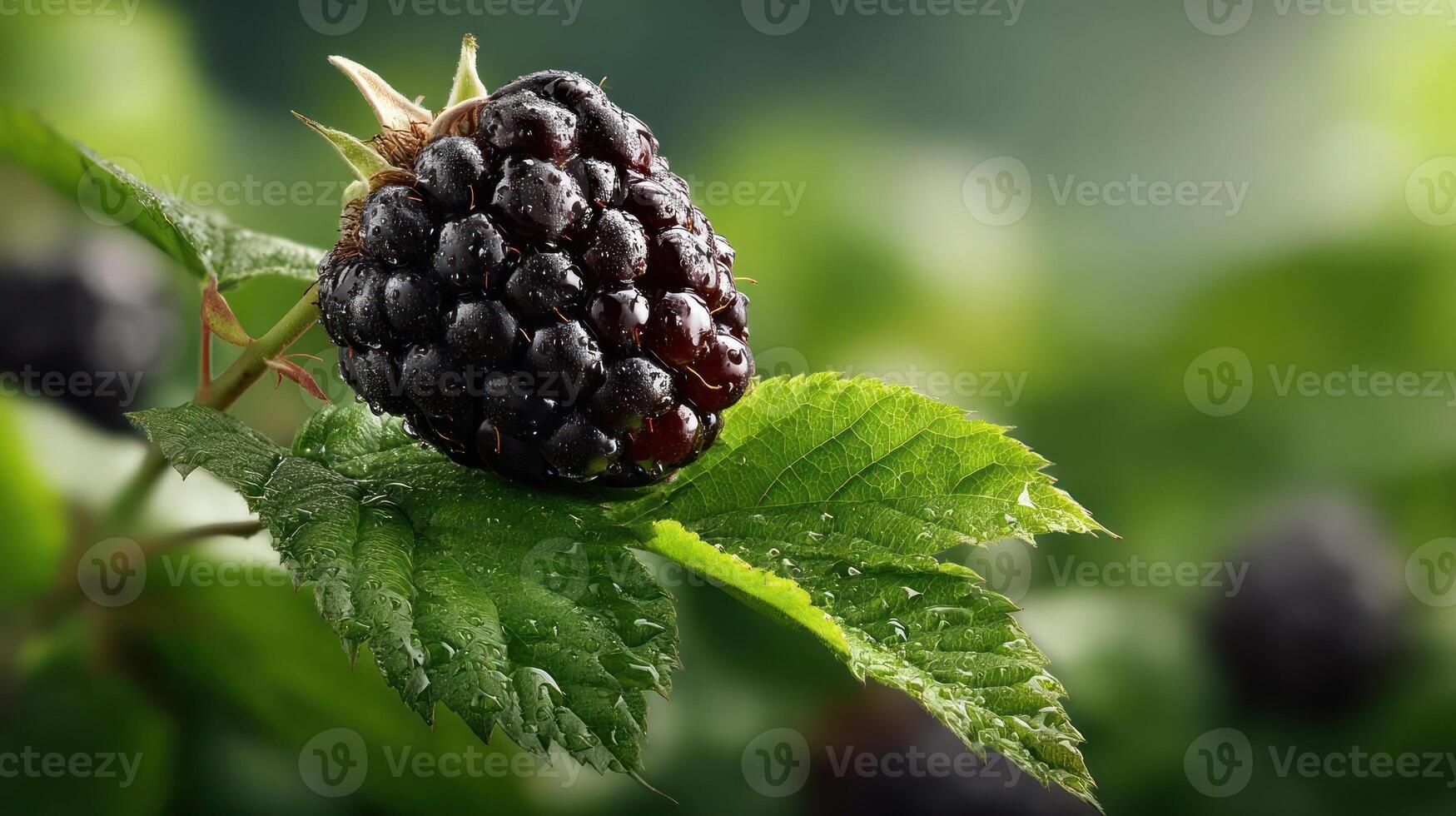 Ripe blackberry on a leaf, close-up view. photo