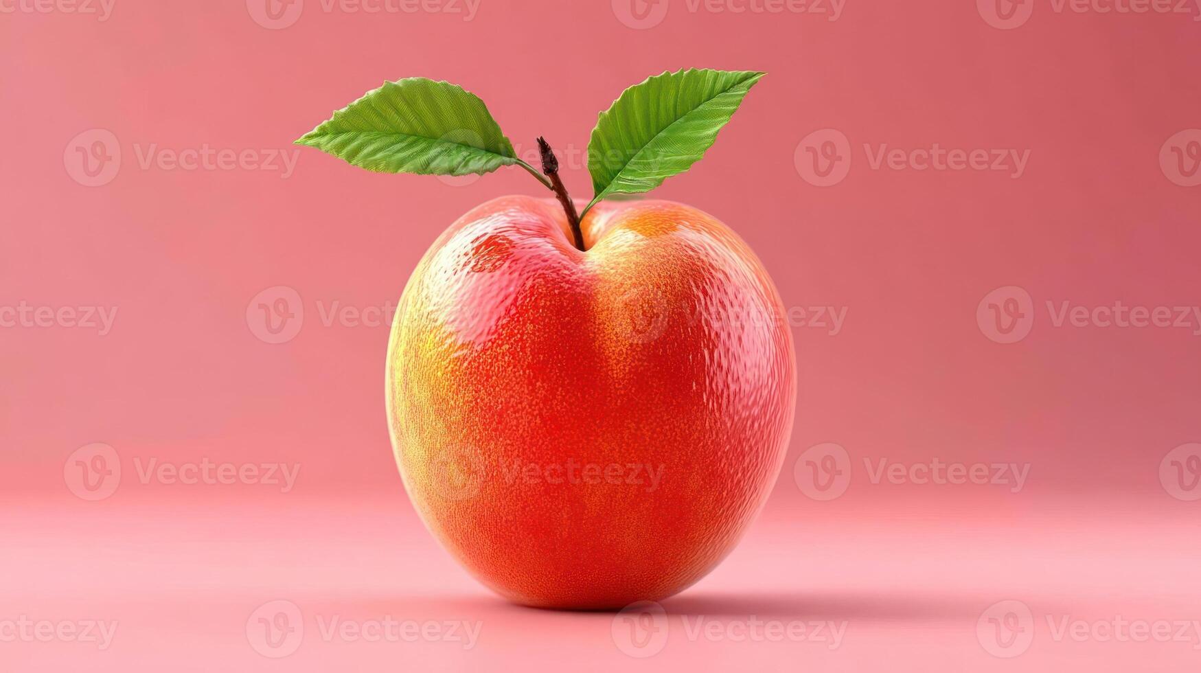 A vibrant red apple with green leaves against a pink background. photo