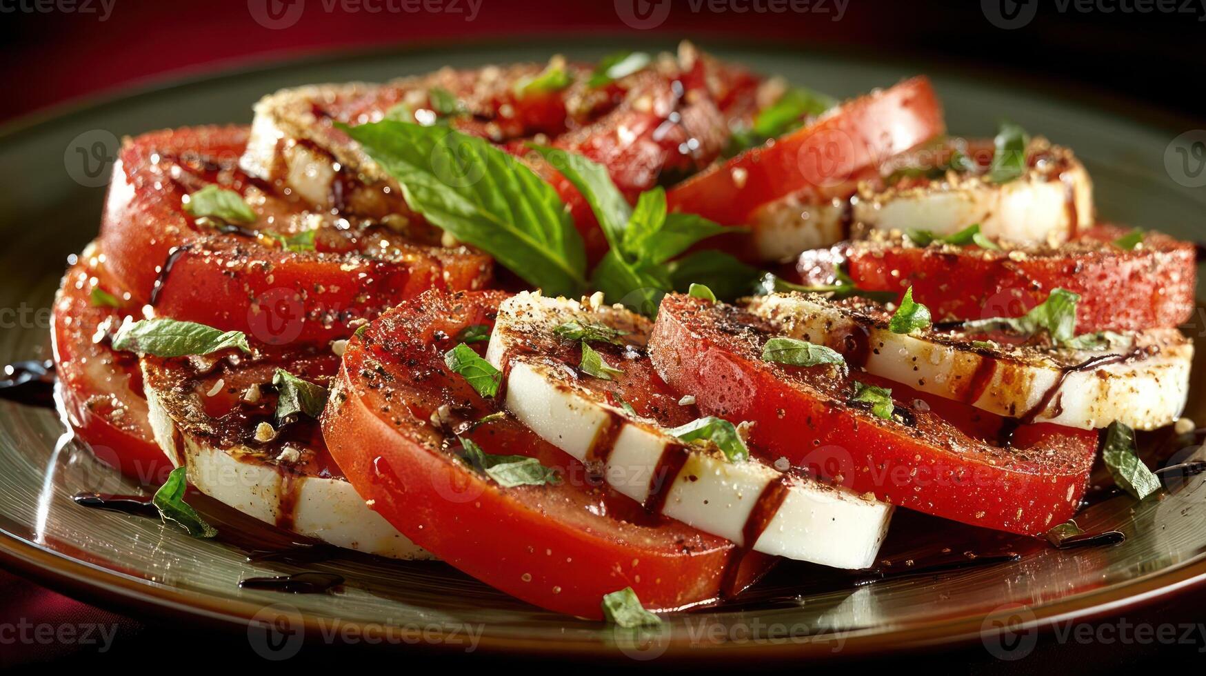 Stacked tomato and mozzarella with basil and balsamic glaze. photo