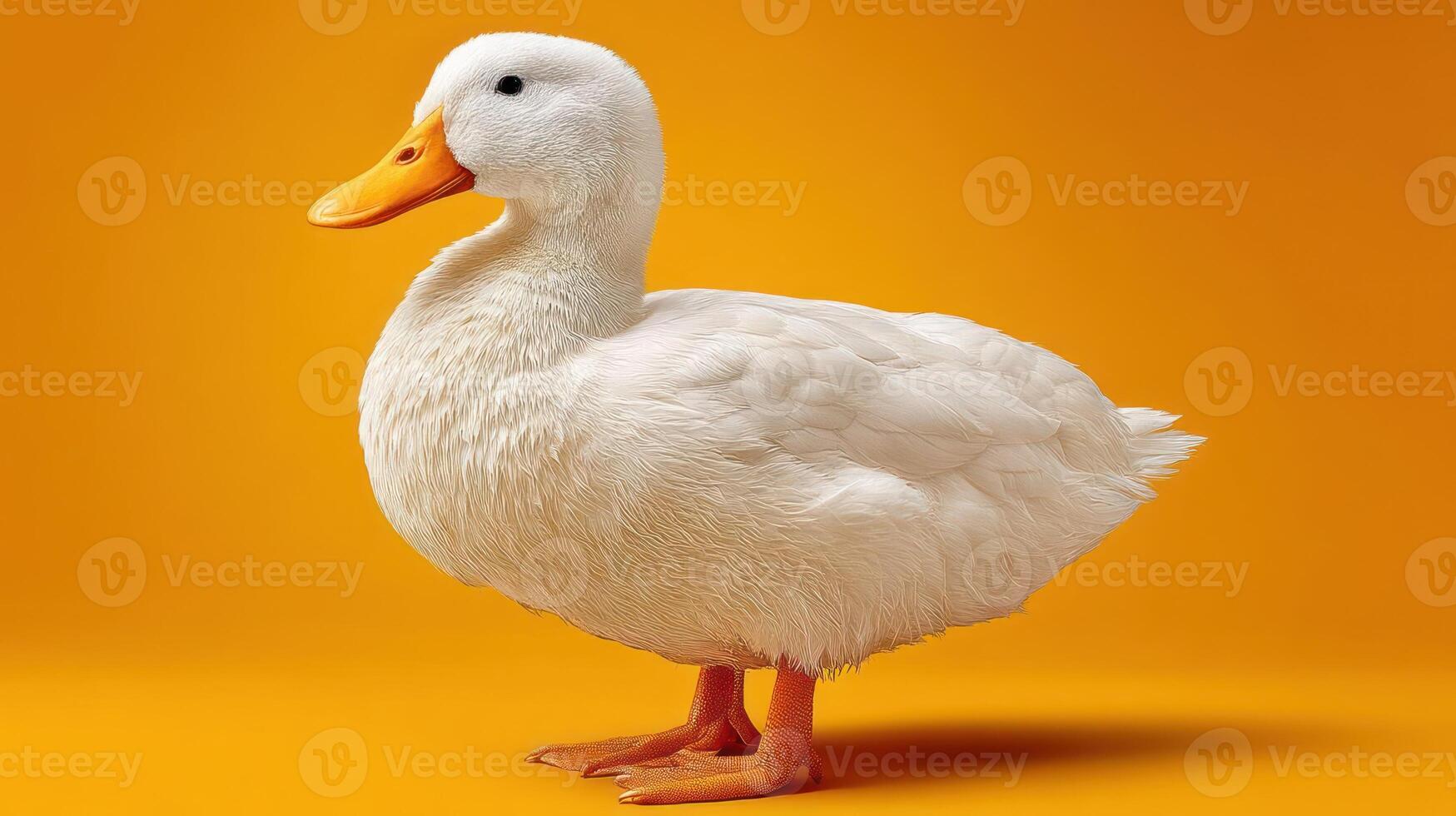 A fluffy white duck stands against a yellow background. photo