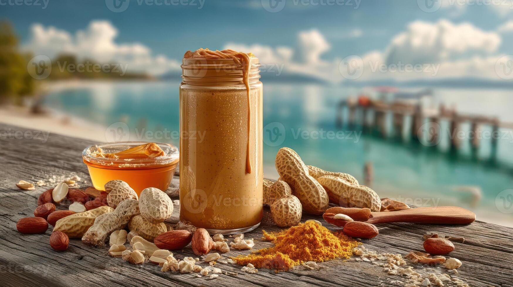 Homemade peanut butter with peanuts, shells, and a tropical beach view. photo