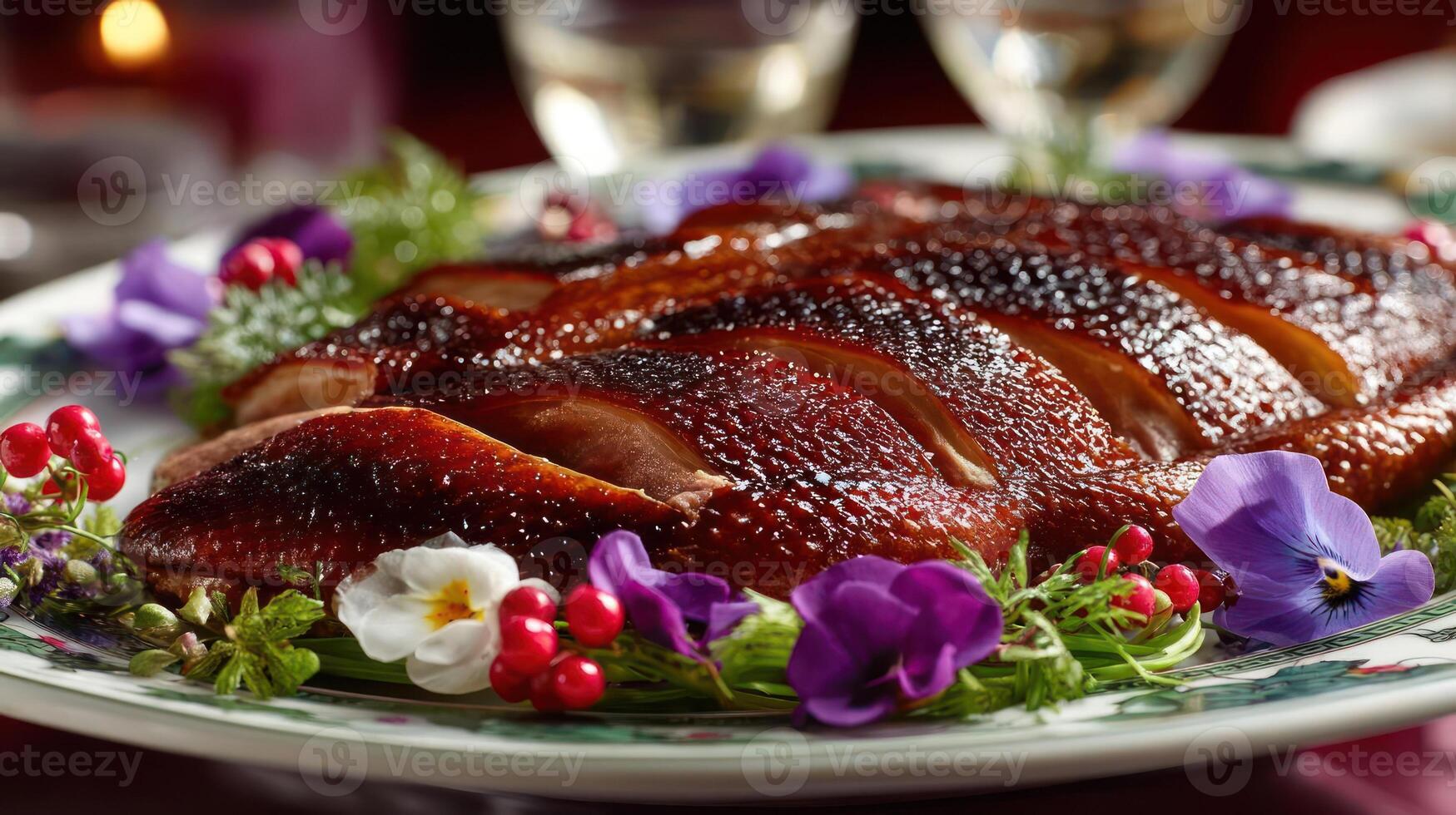 Roasted pork belly with floral garnish on a plate. photo
