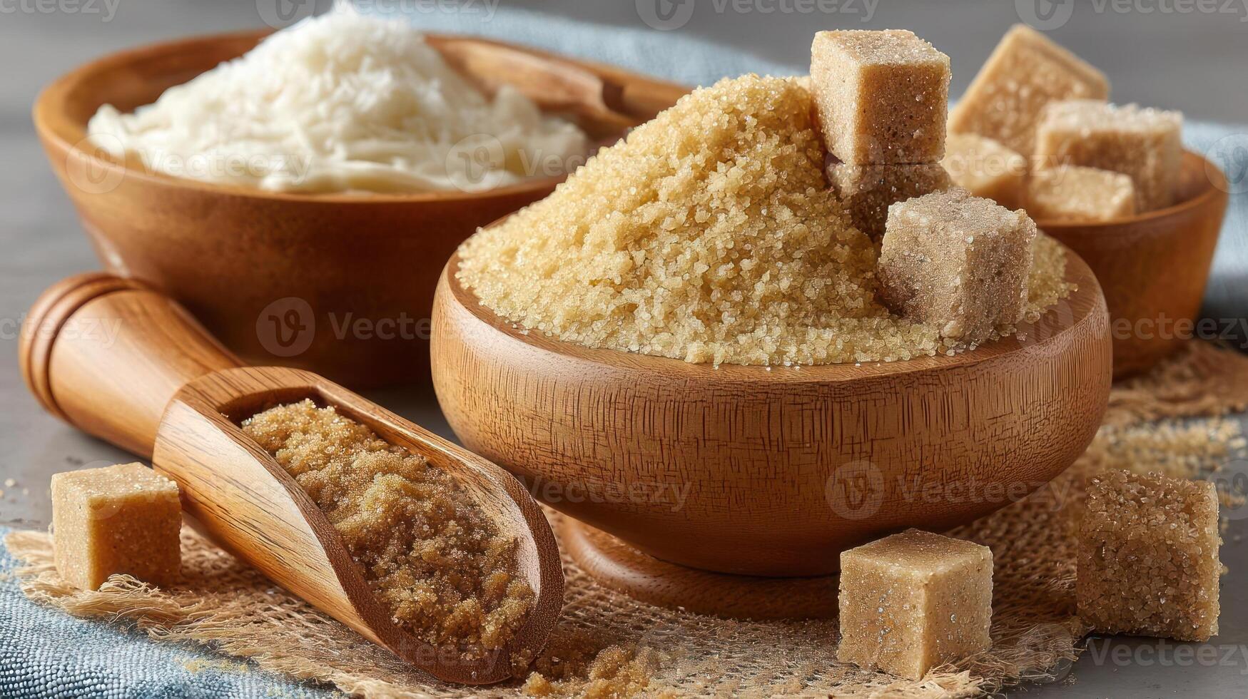 Caramel sugar in wooden bowls and scoops. photo