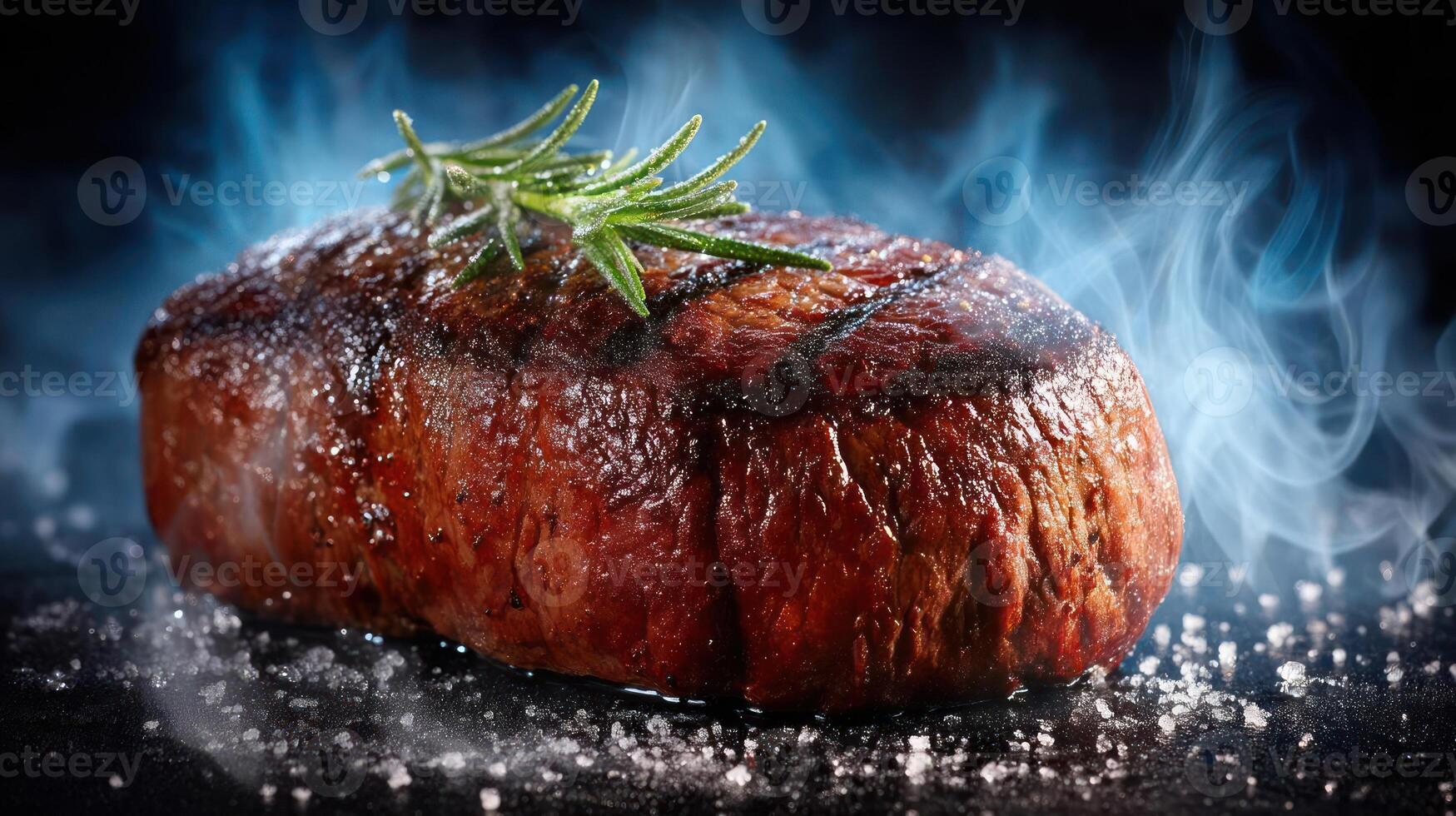 Seared steak with rosemary and salt, smoky presentation. photo