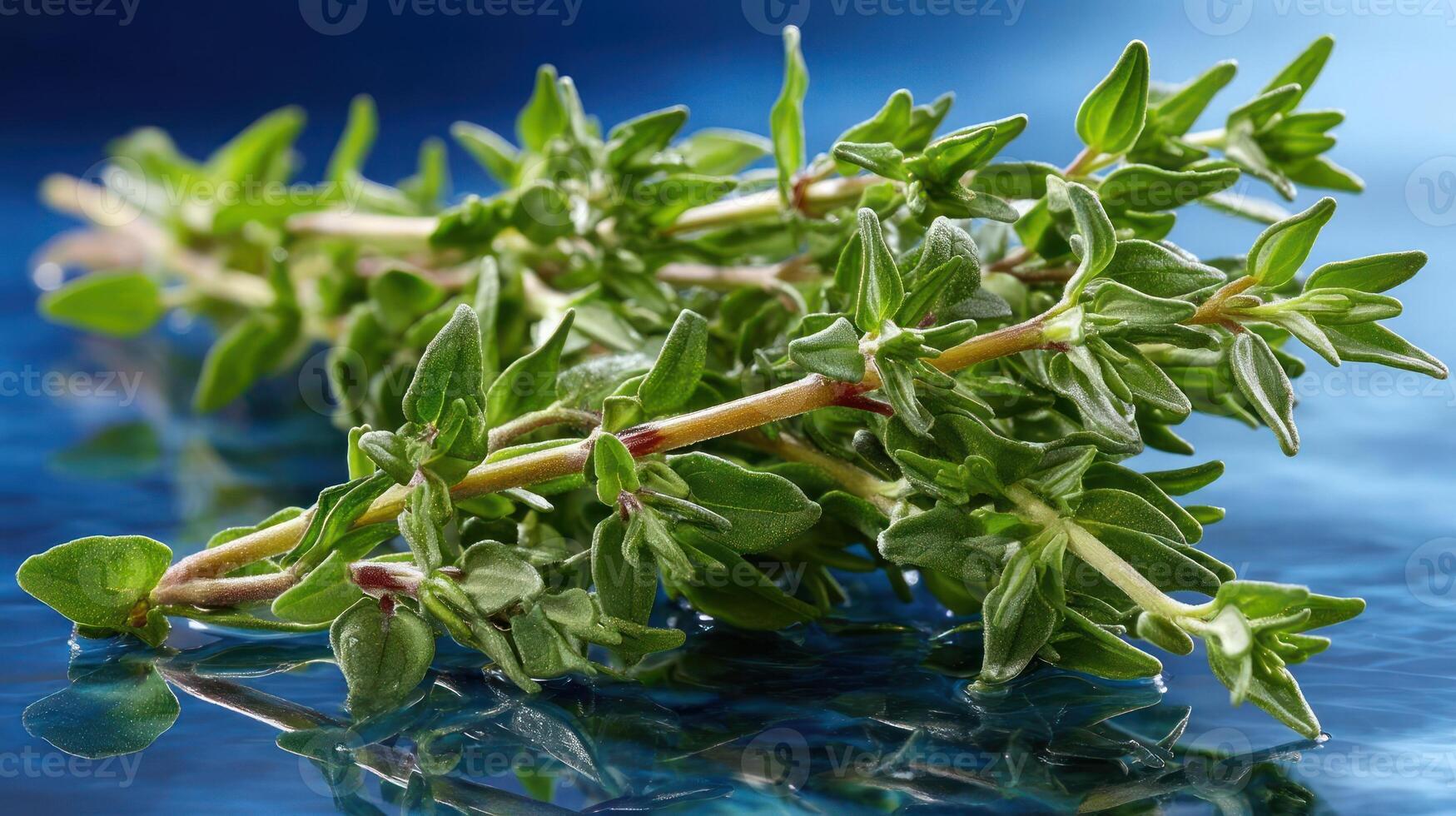 Fresh thyme sprig on a reflective blue surface. photo