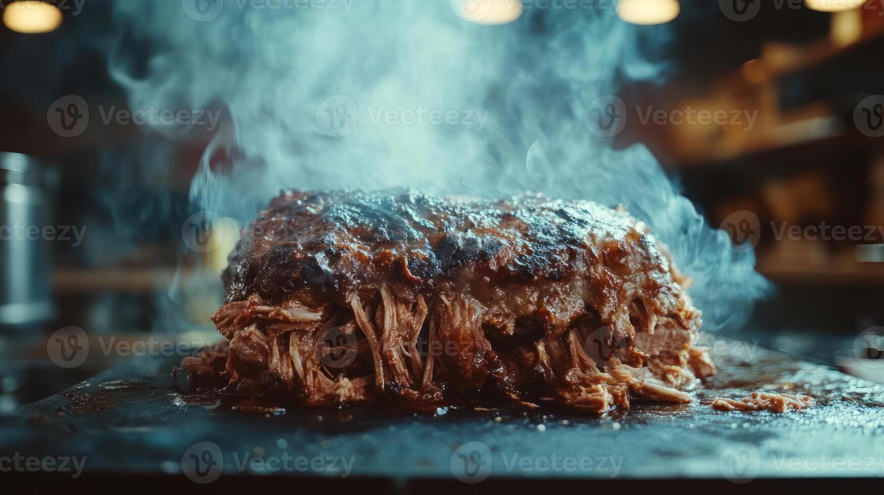 Smoked pulled pork, delicious and savory, with visible smoke. photo