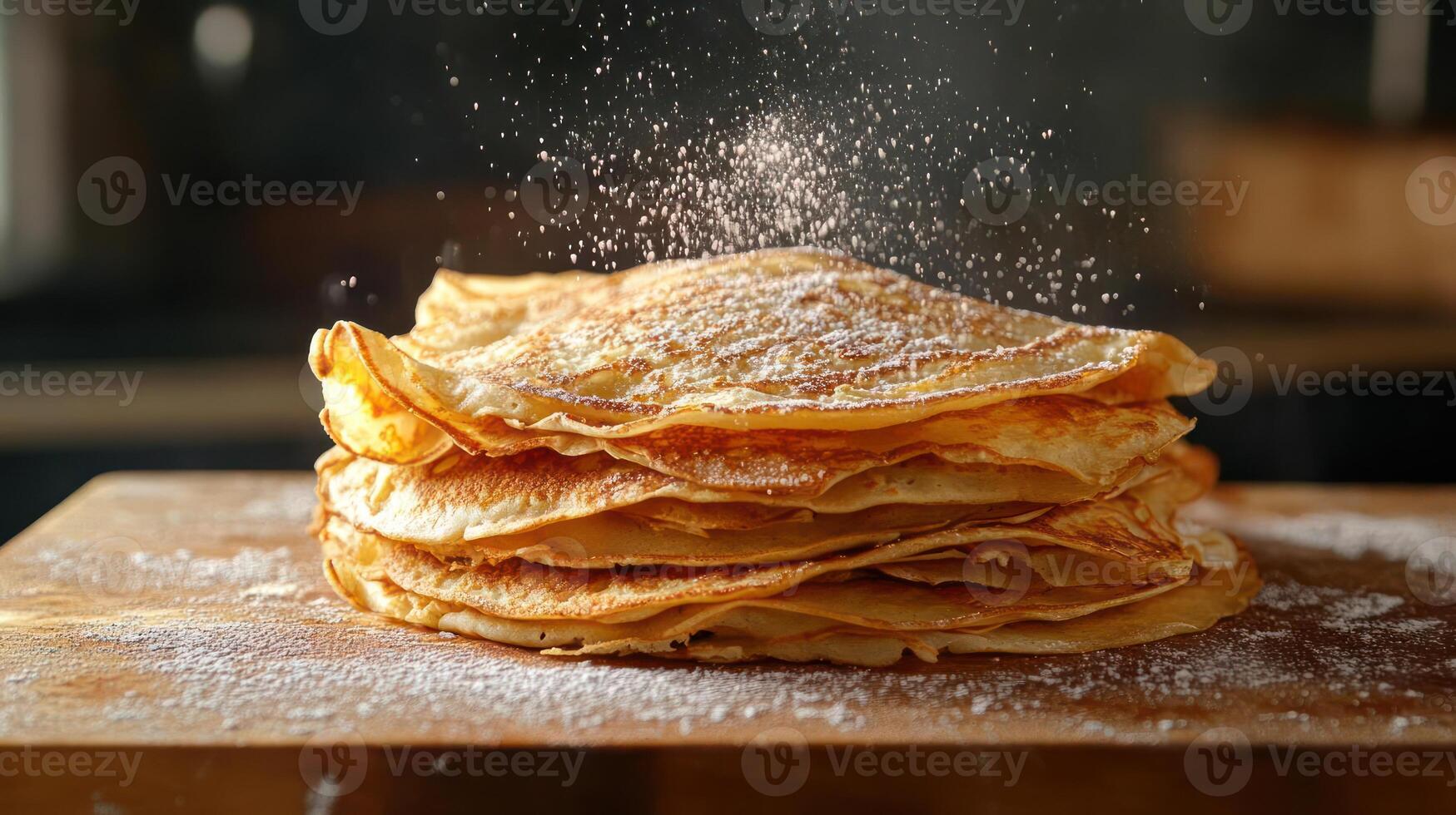 Stack of pancakes dusted with powdered sugar. photo