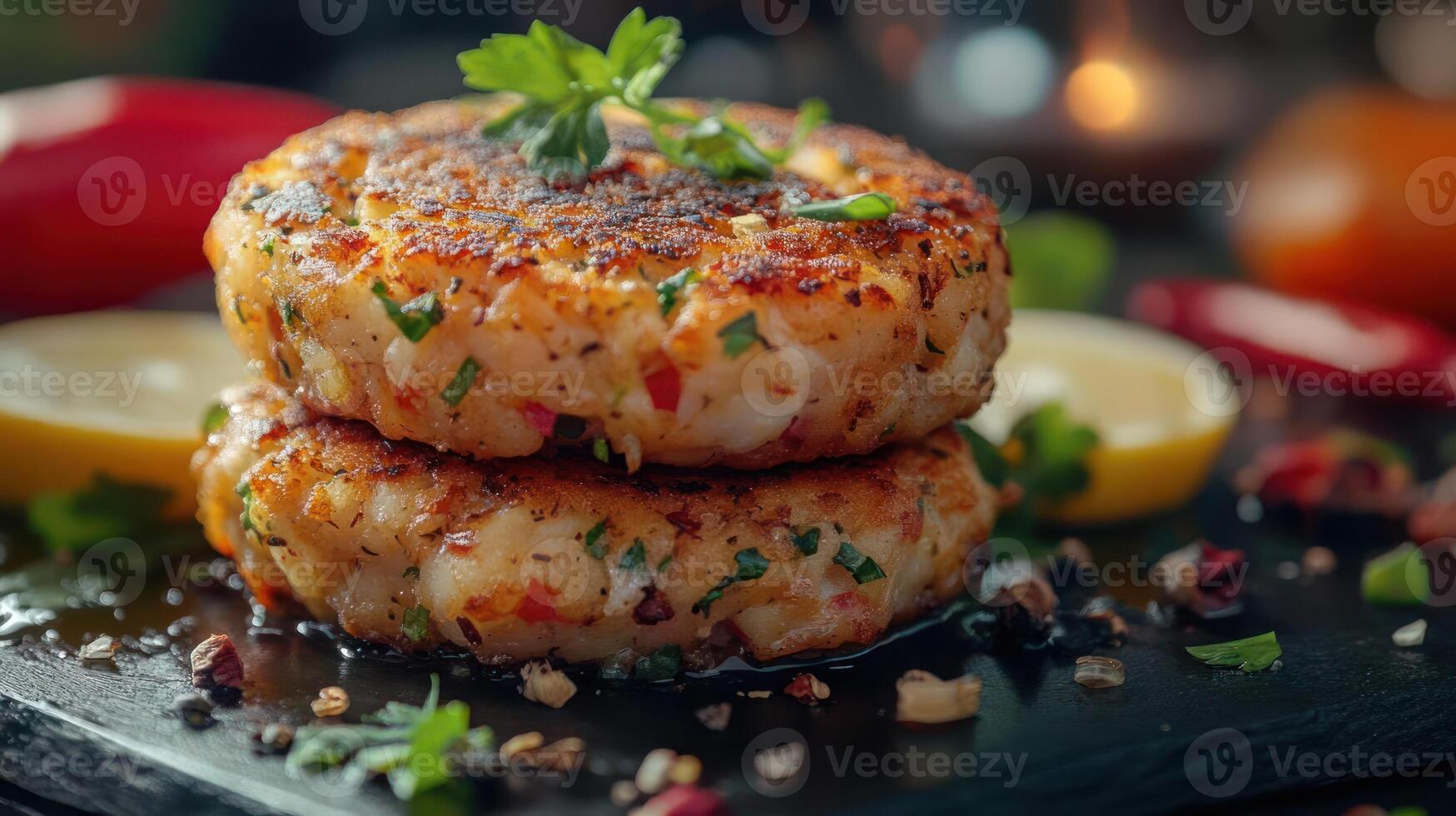 Delicious crab cakes with lemon and herbs. photo