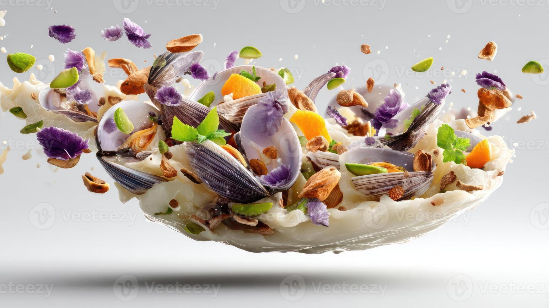 Mussel dish with vibrant ingredients in a splashy, dynamic composition. photo