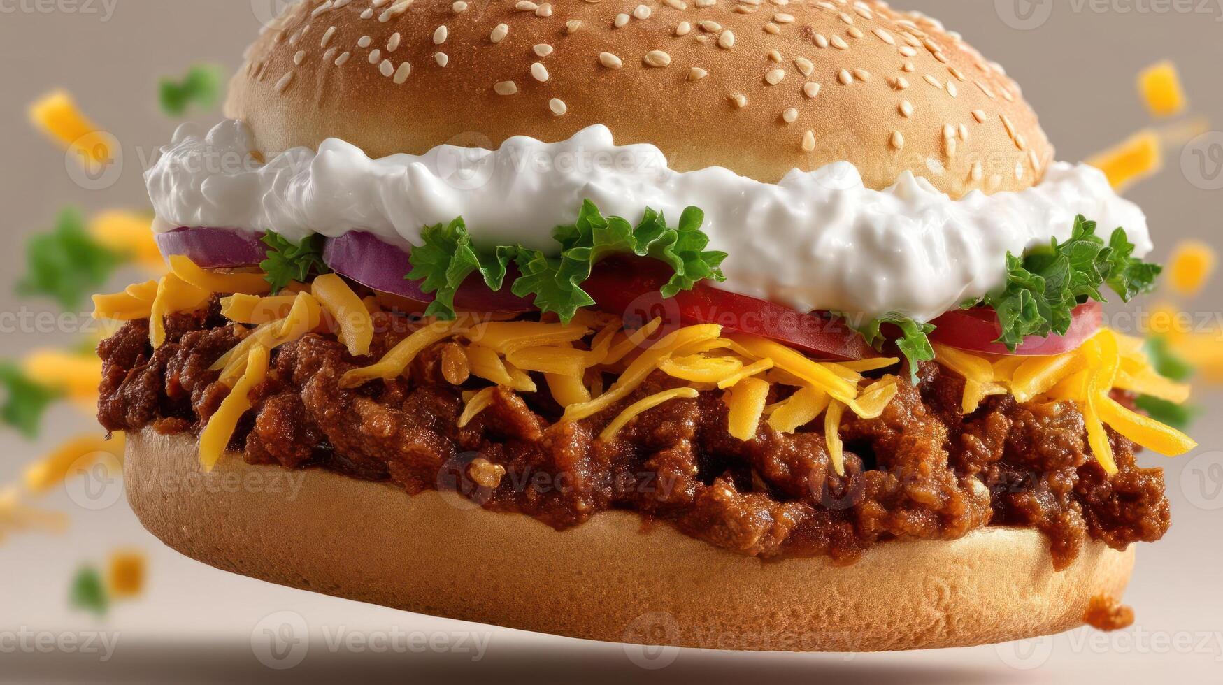 Close-up of a delicious chili burger with cheese and toppings. photo