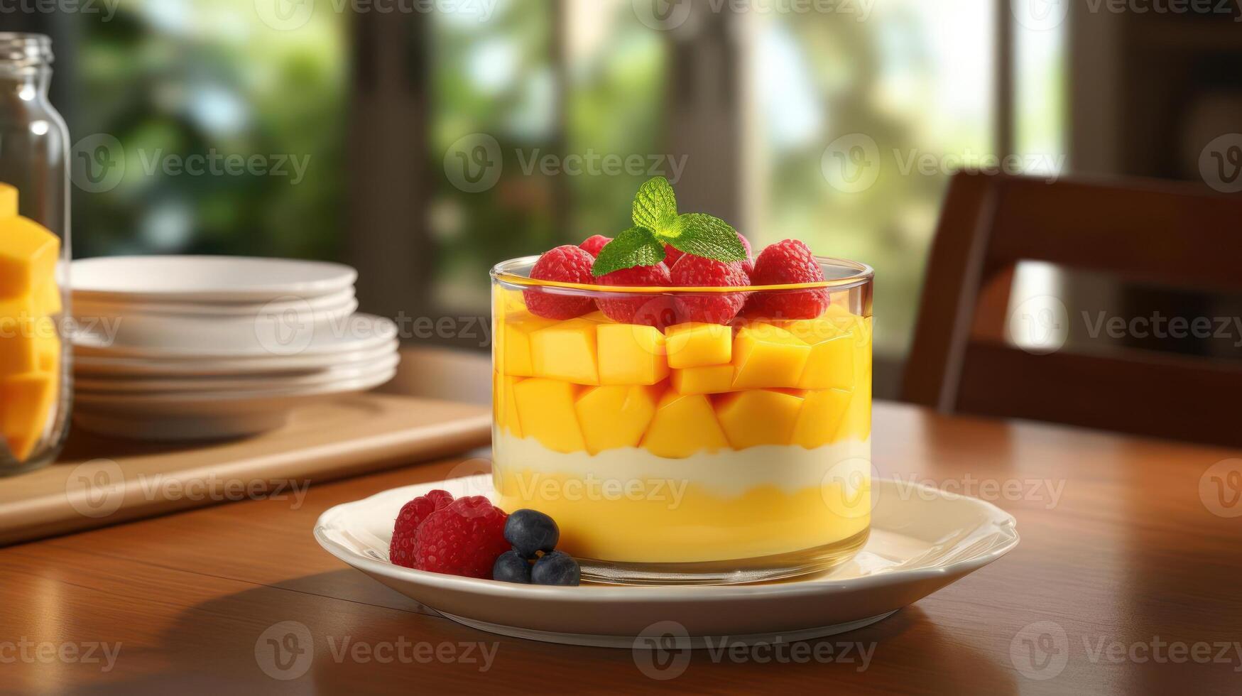 Layered mango dessert with raspberries and blueberries. photo