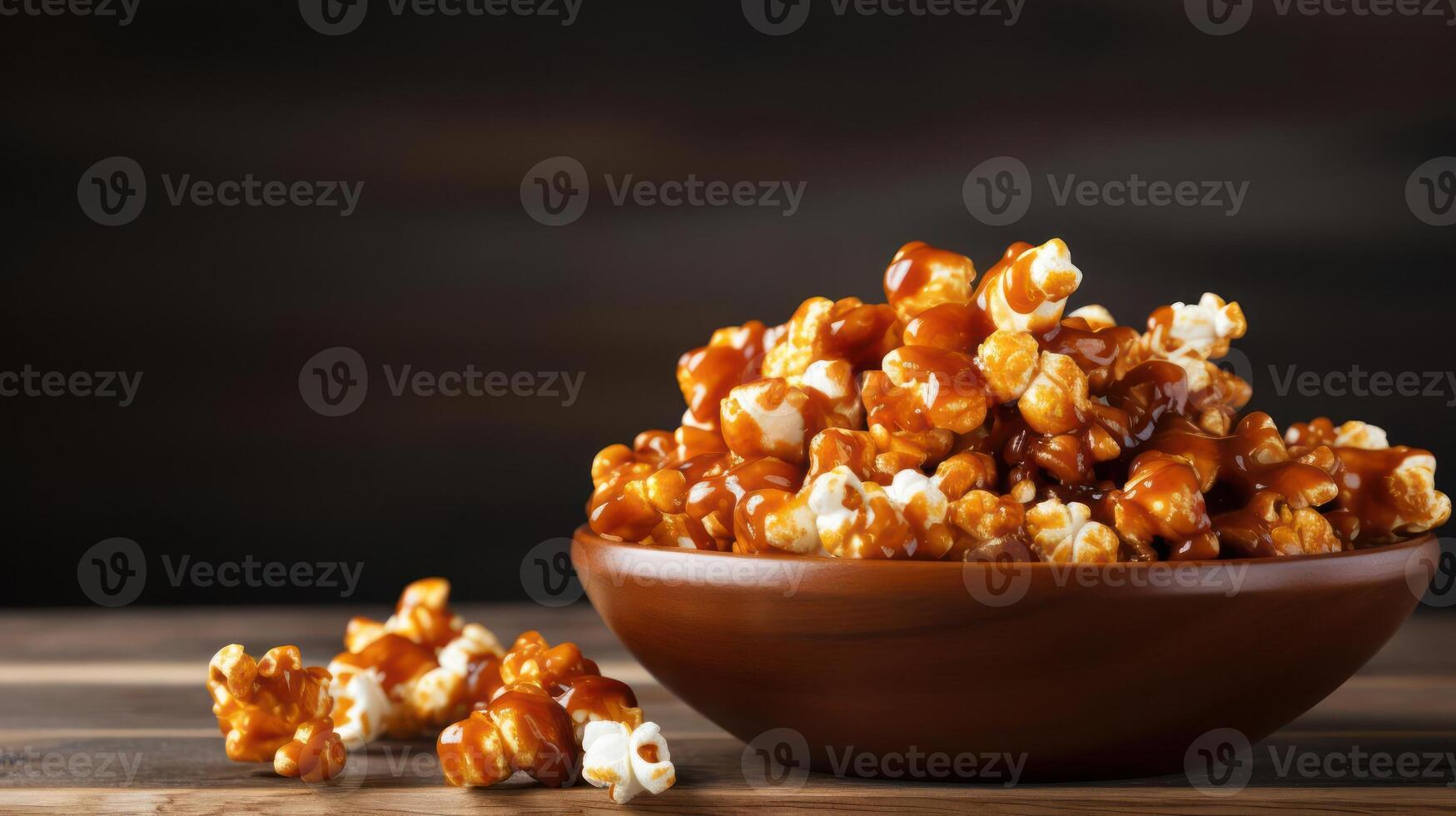 Bowl of delicious caramel popcorn on a wooden surface. photo
