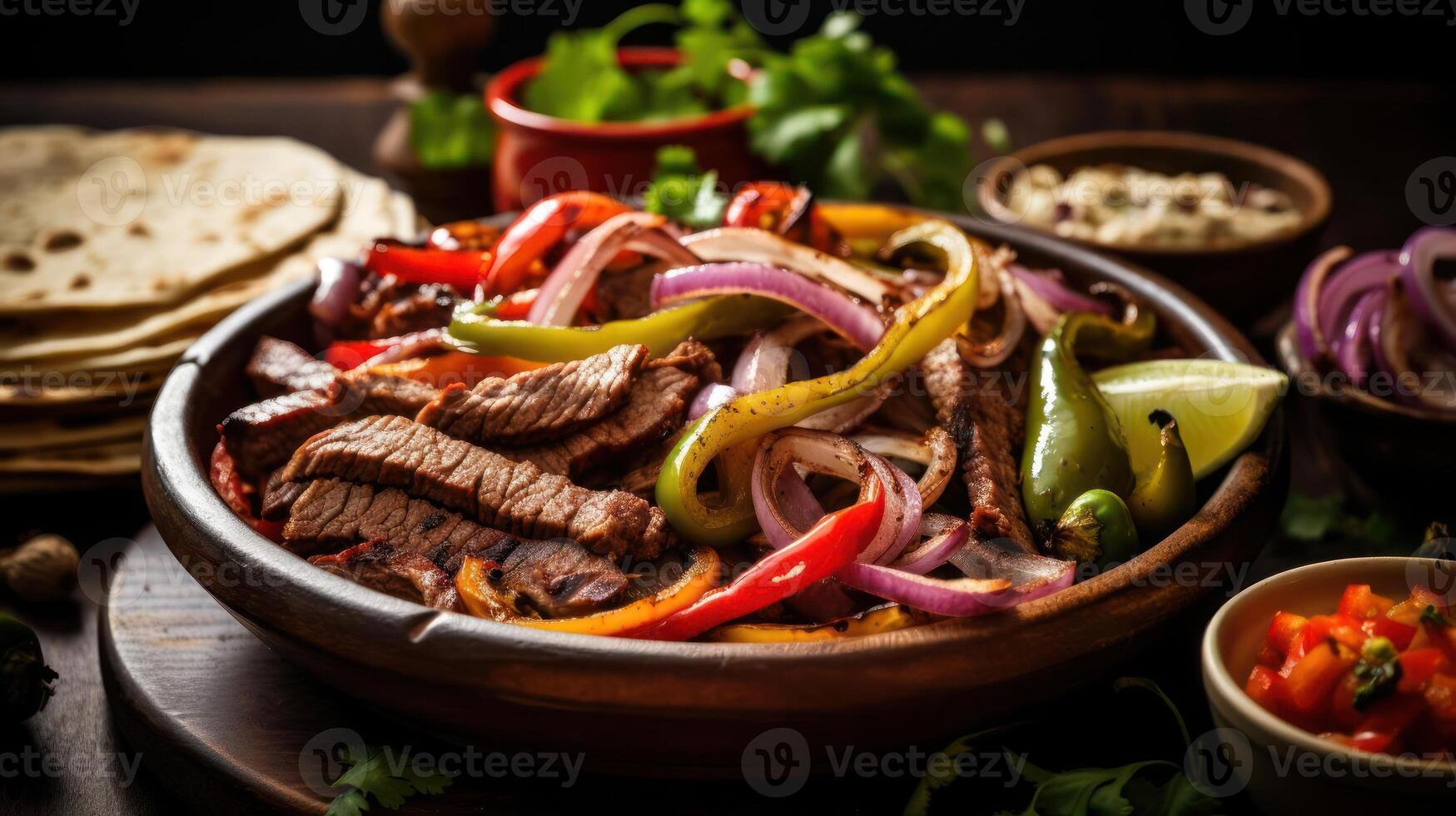 Steak fajitas with peppers and onions, ready for tortillas. photo