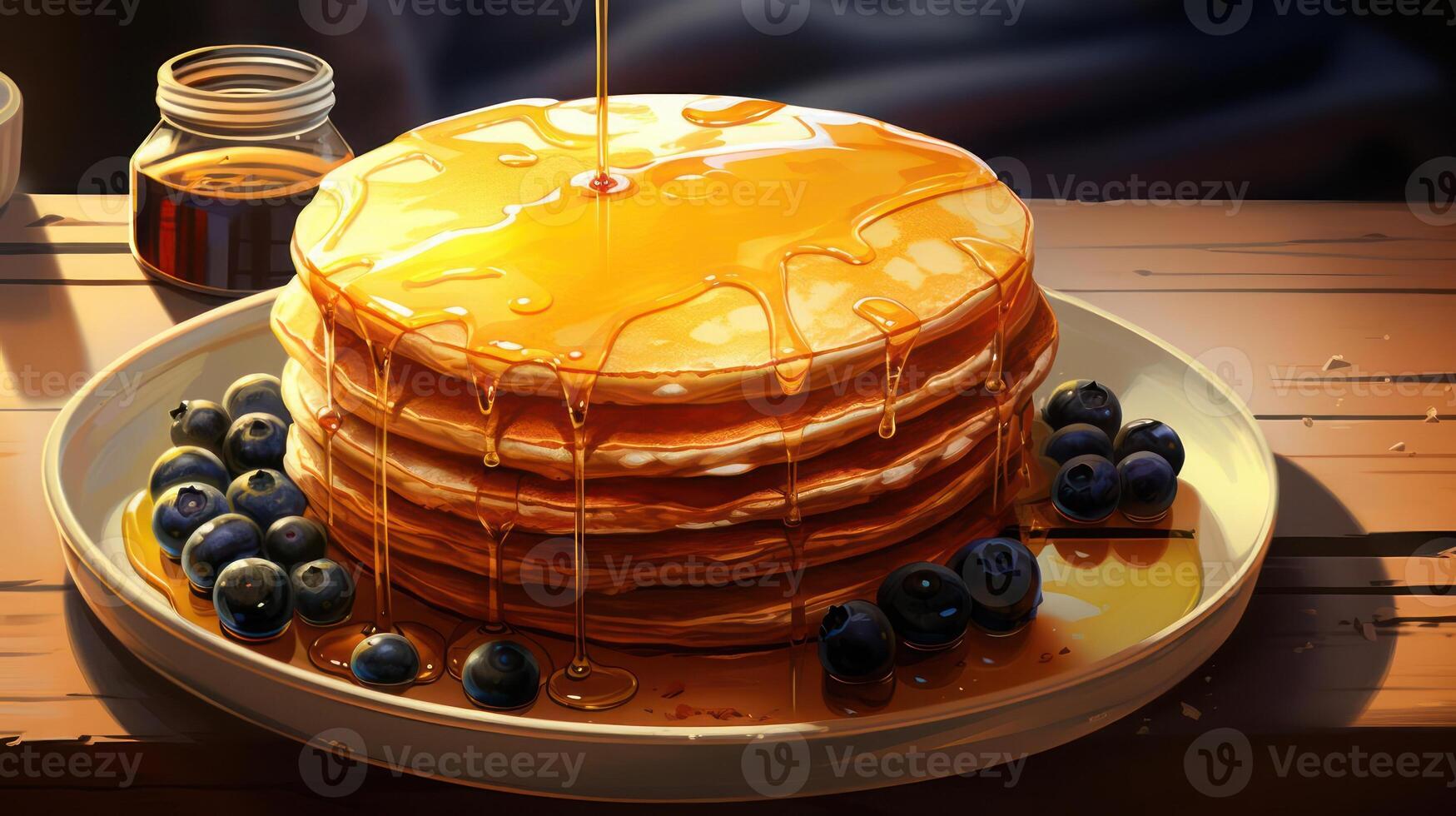 A painting of a stack of pancakes with syrup and blueberries photo
