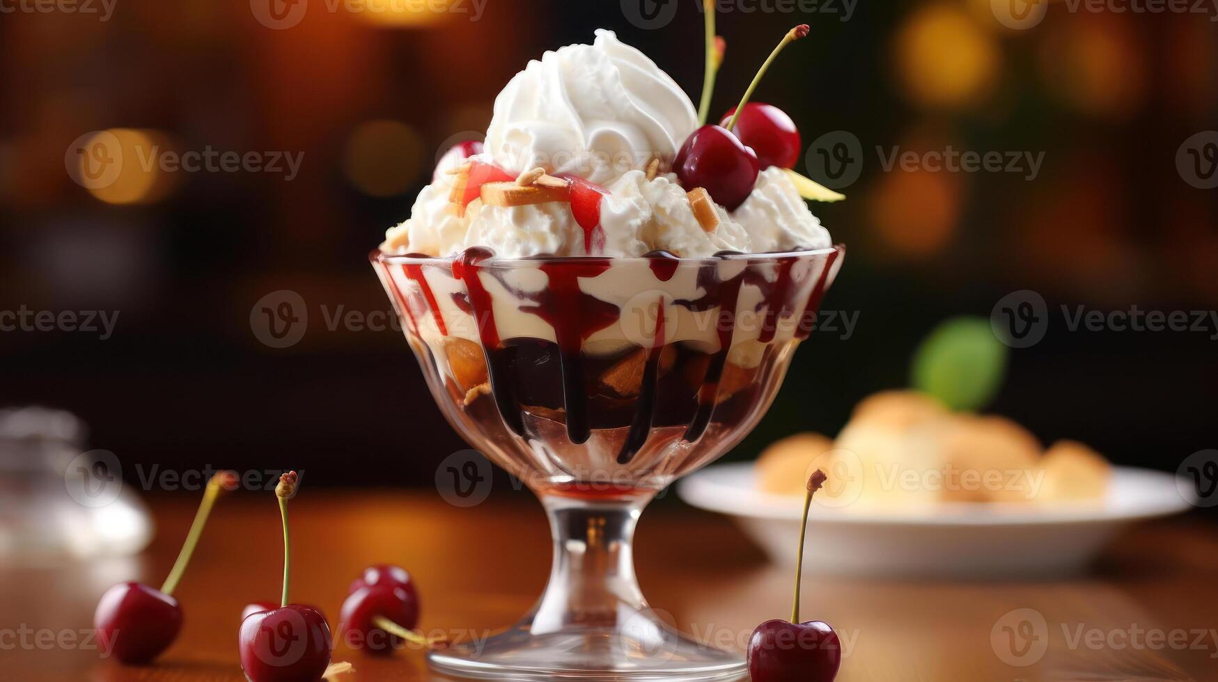 A dessert with whipped cream and cherries photo
