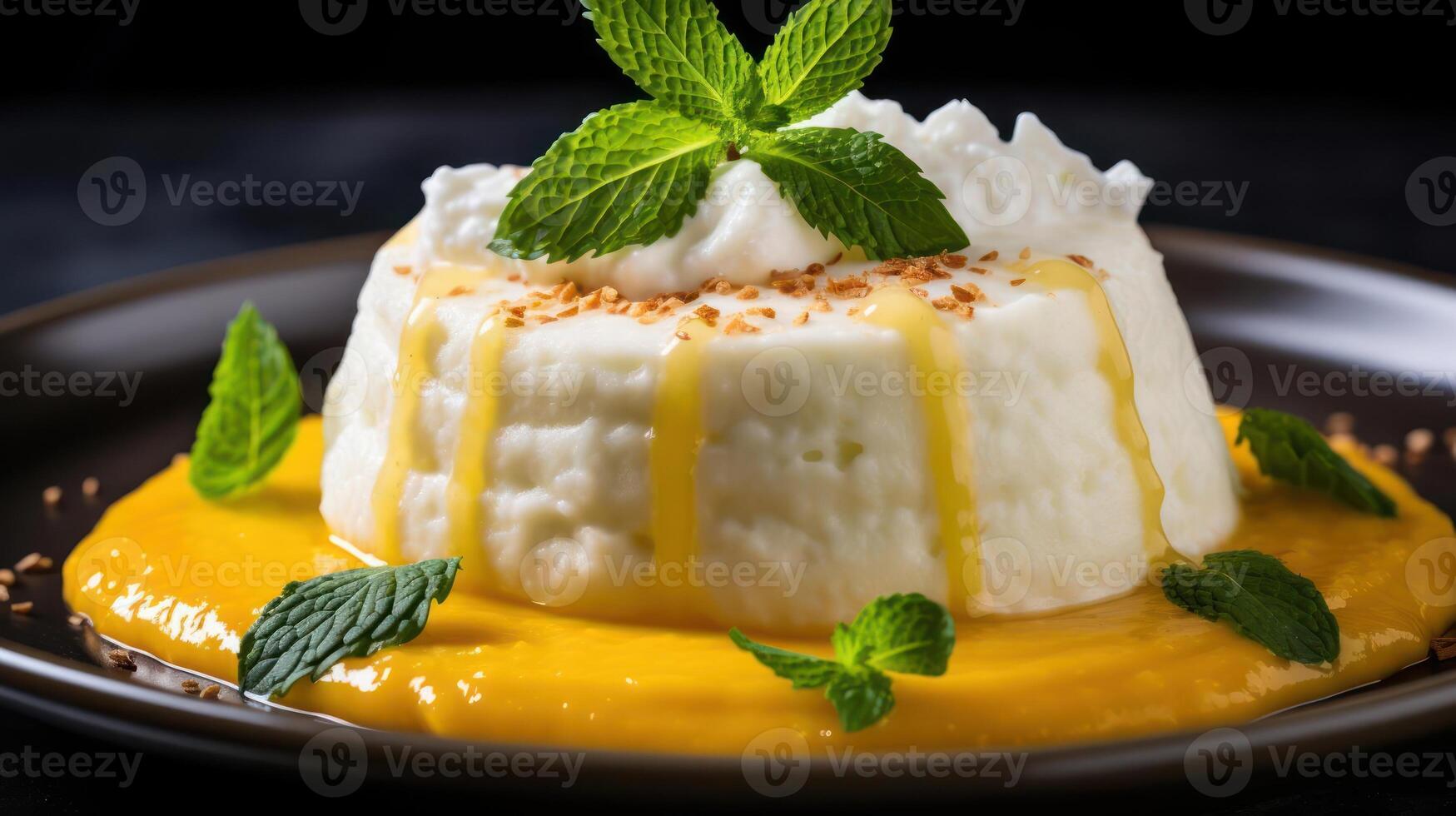 A dessert with whipped cream and mint leaves photo