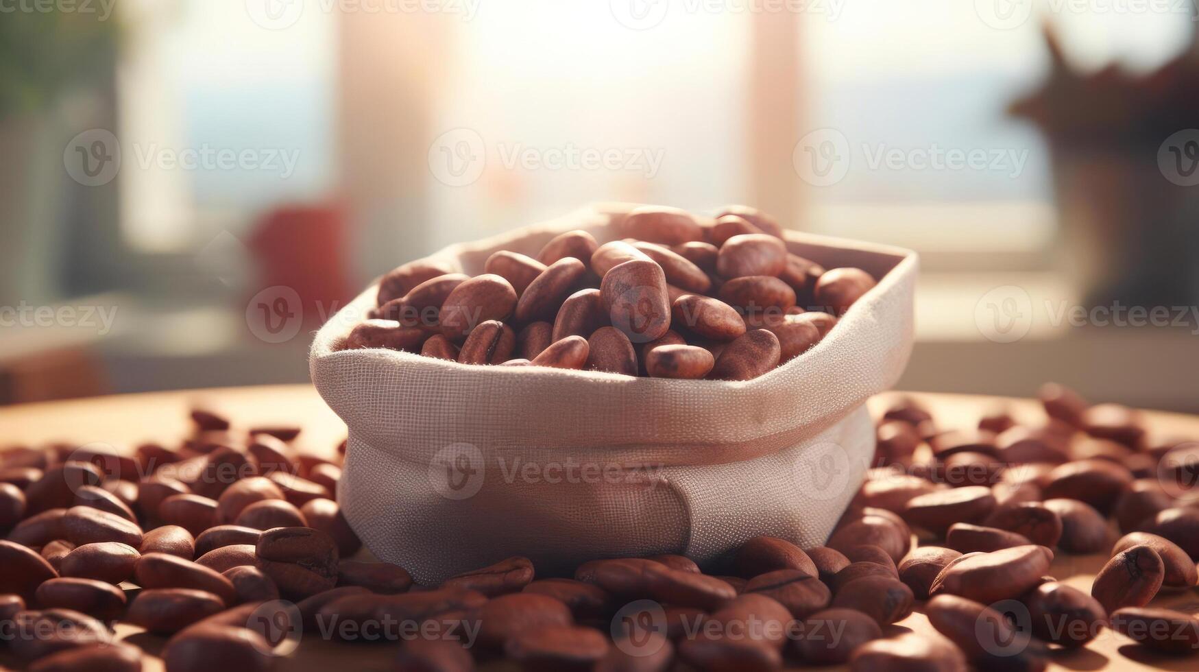 Coffee beans in a bag on a table photo