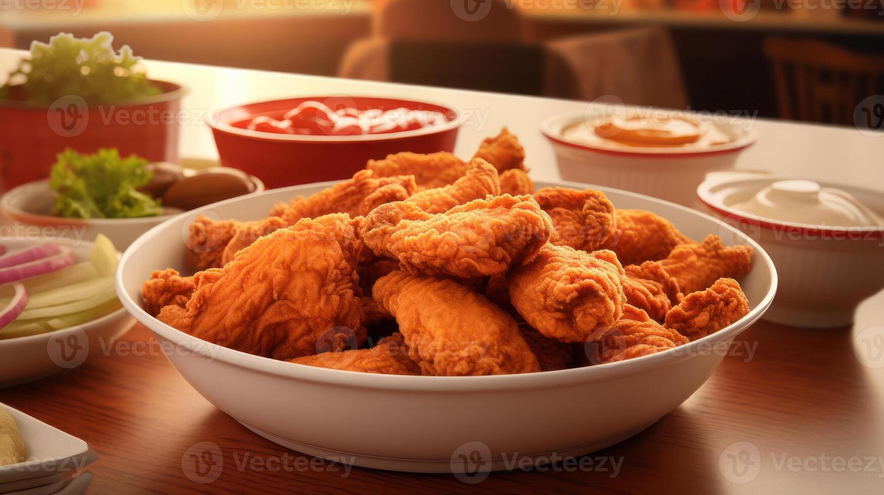 A bowl of fried chicken sitting on a table photo