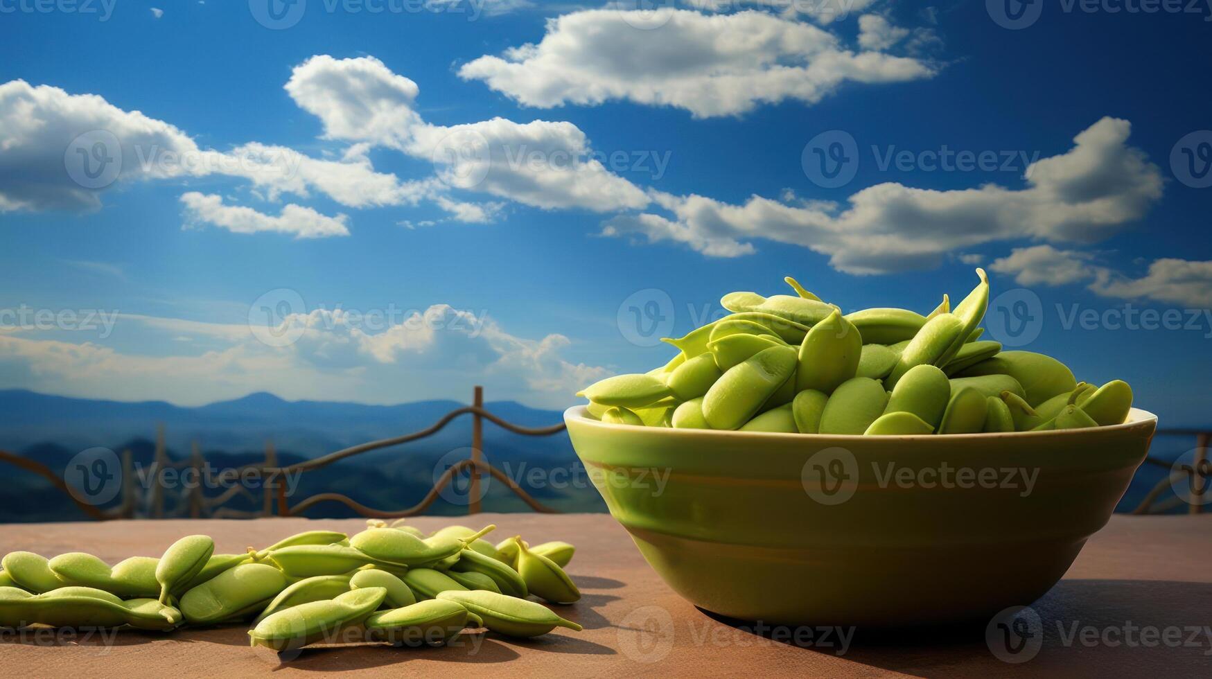 A bowl of green beans on a table with a blue sky photo