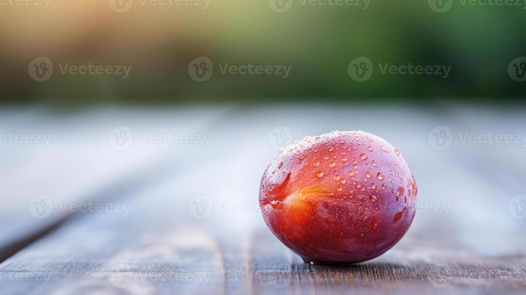 A single plum on a wooden table photo