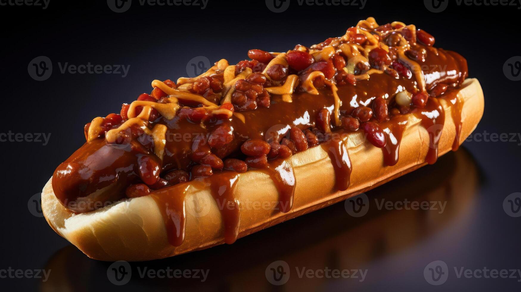 A hot dog covered in chili and cheese photo