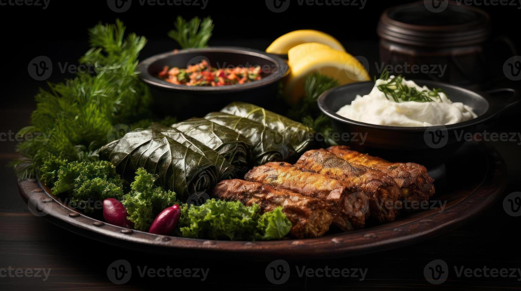 Turkish food with meat and vegetables on a wooden plate photo