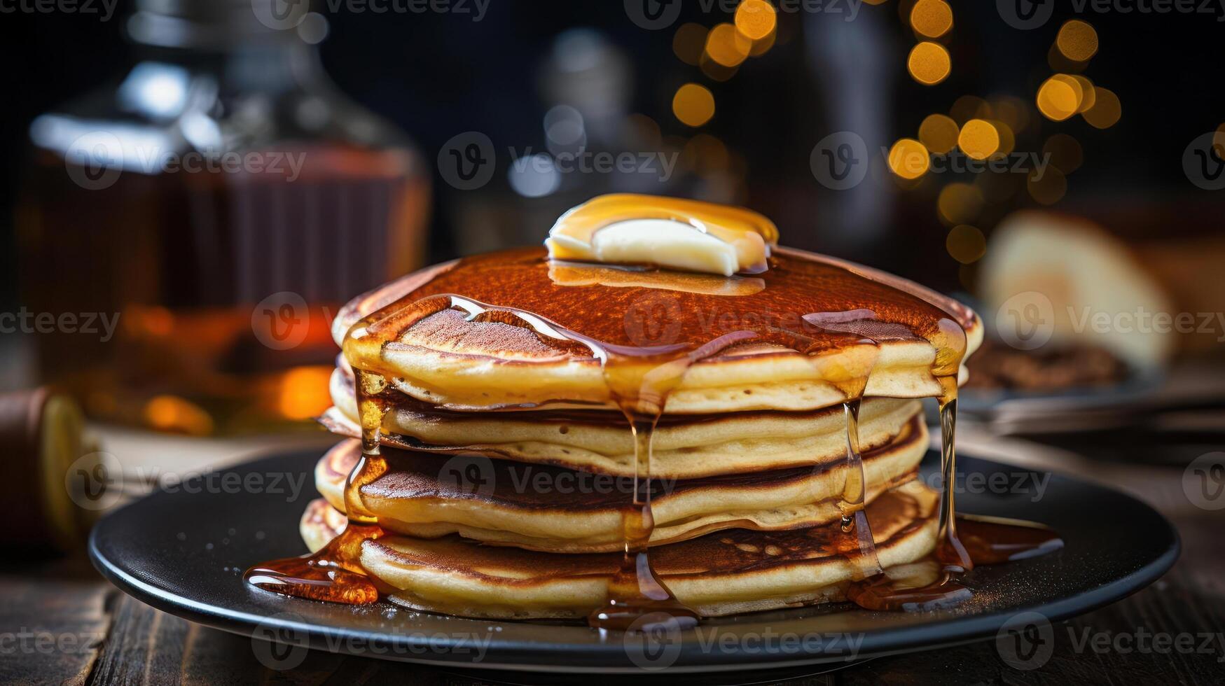 A stack of pancakes with syrup on top photo