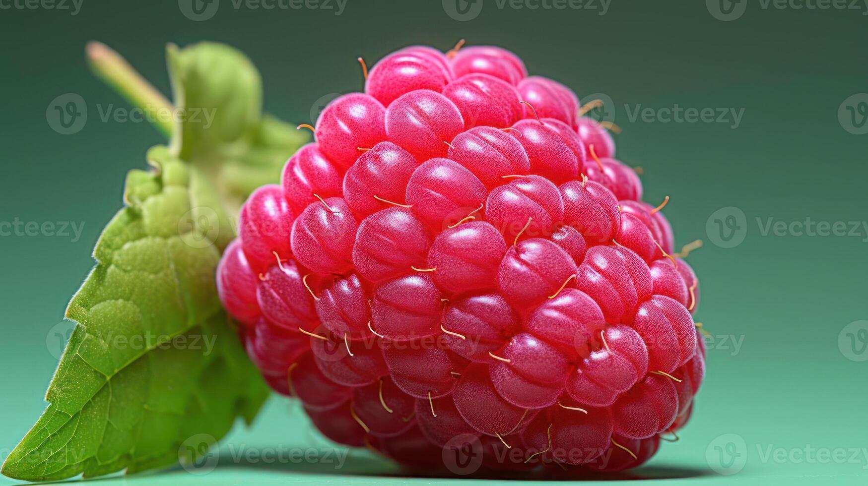 A raspberry is shown with green leaves photo