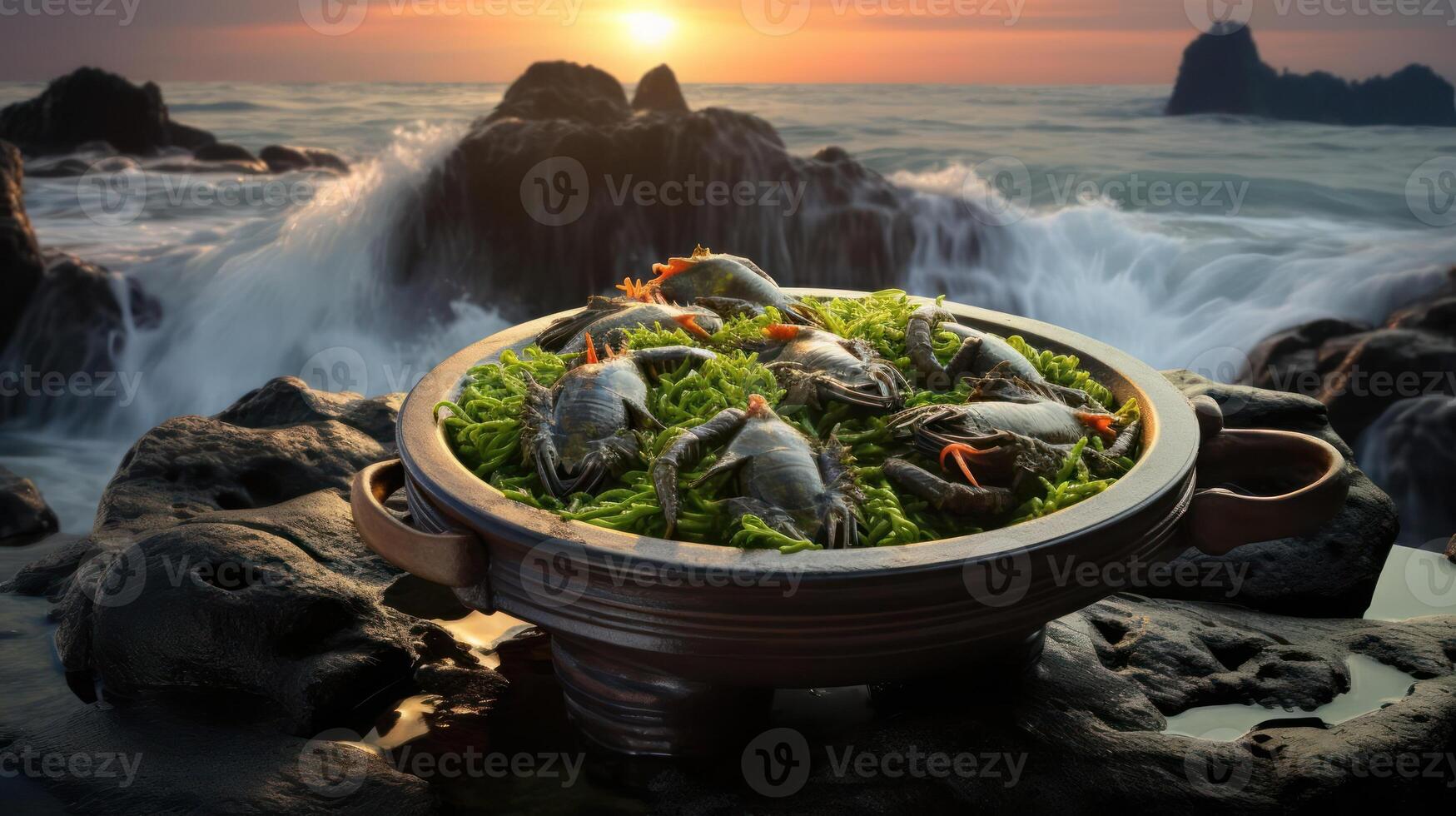 A bowl of crabs on a rock near the ocean photo