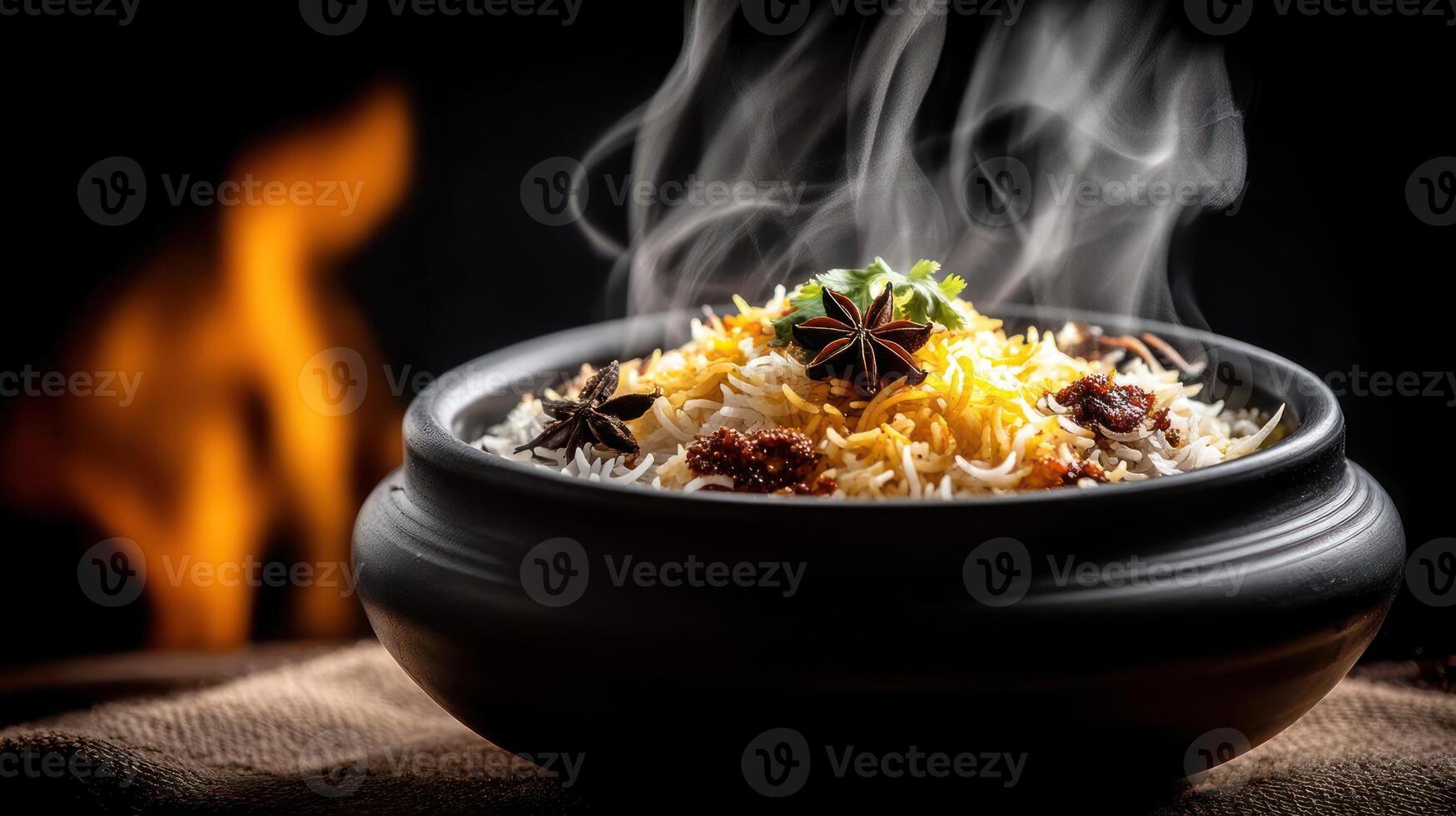 Aromatic rice dish, steaming with spices, cooked in a pot. photo
