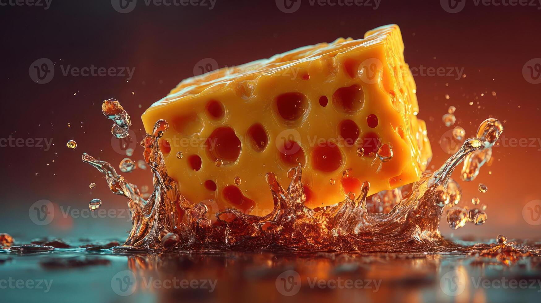 Cheese cube submerged in water, creating a dramatic splash. photo