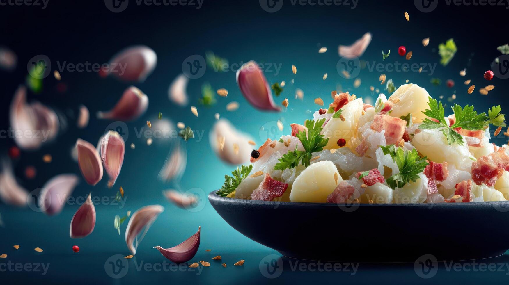 Delicious potato salad with garlic and herbs. photo